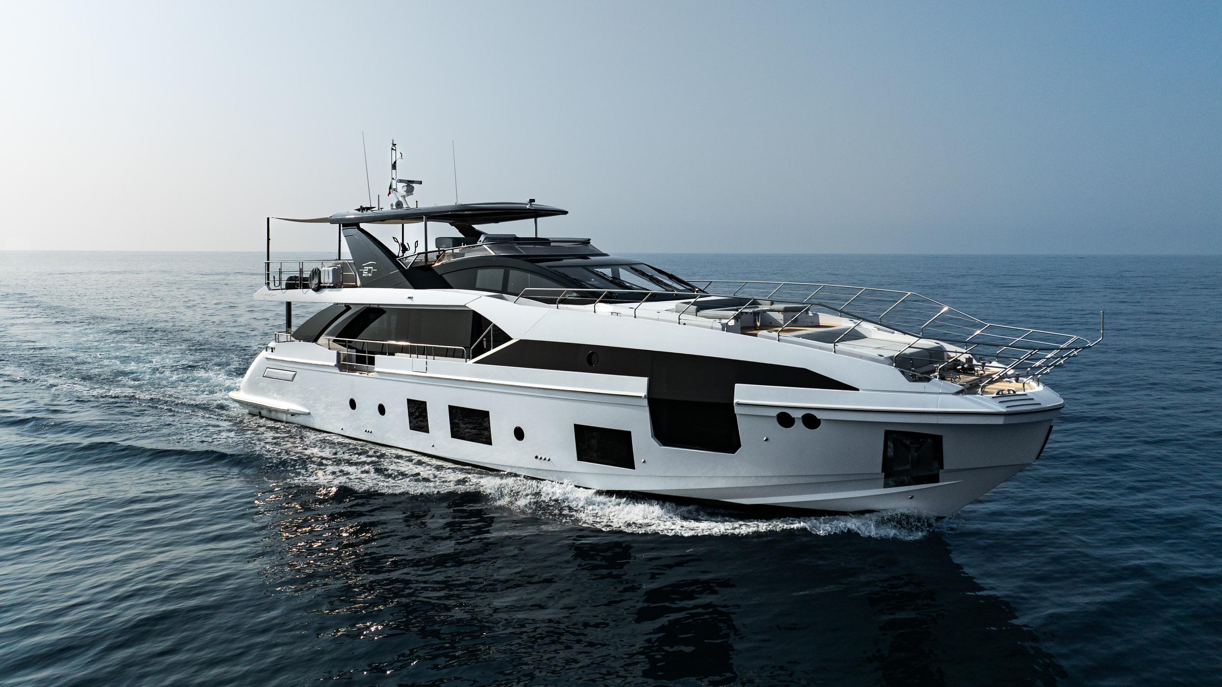Luxury Azimut Grande 27 METRI yacht cruising on open sea, 2020 model.