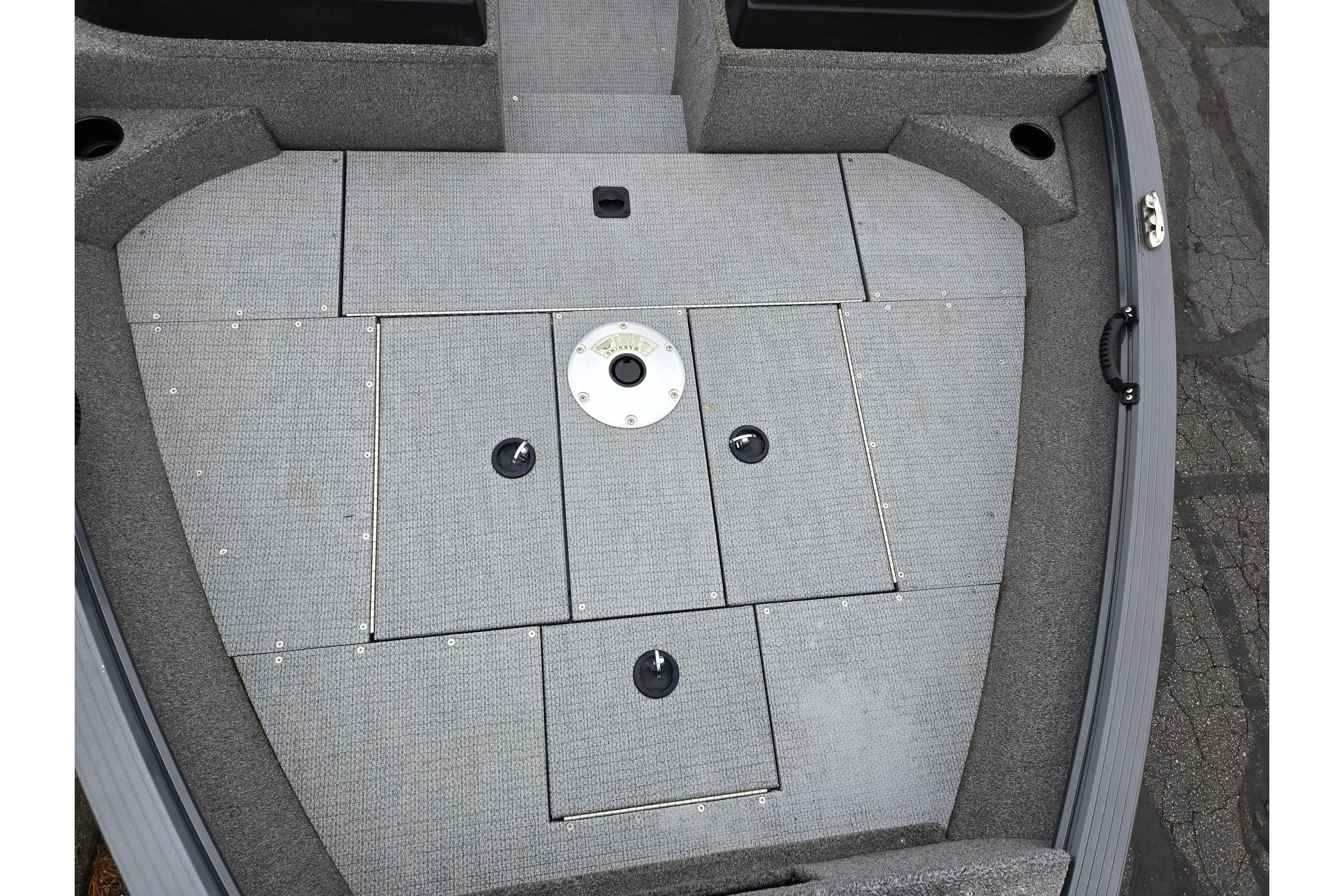 2022 G3 Angler V164 F boat deck with storage compartments and gray carpeting.