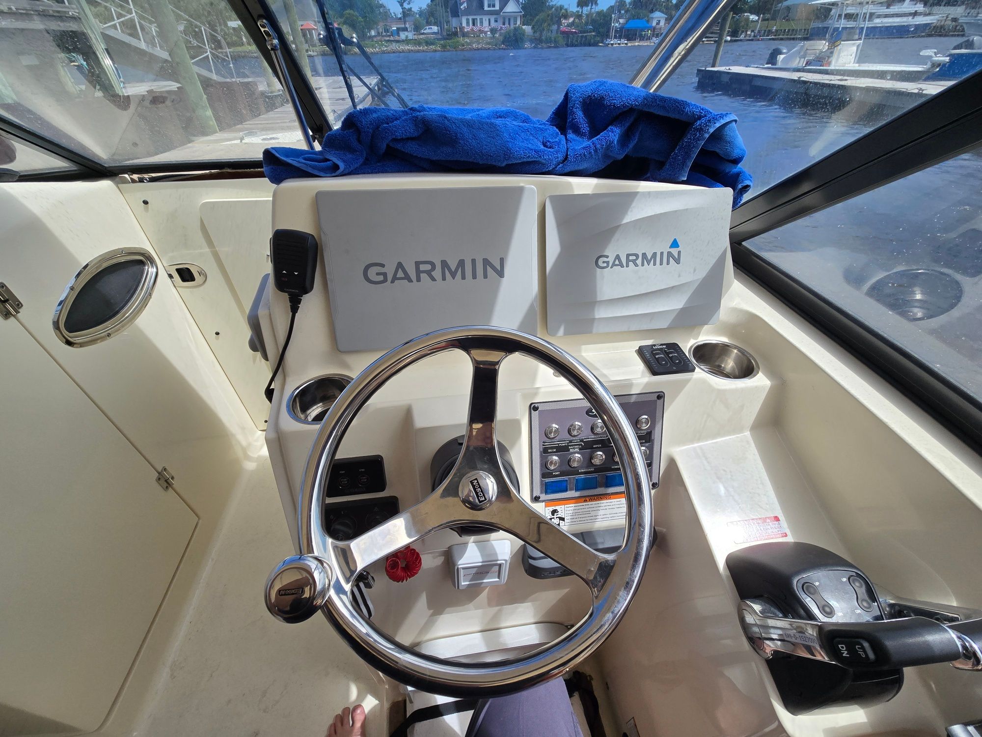 Helm of a 2019 Scout 275 Dorado with Garmin devices.