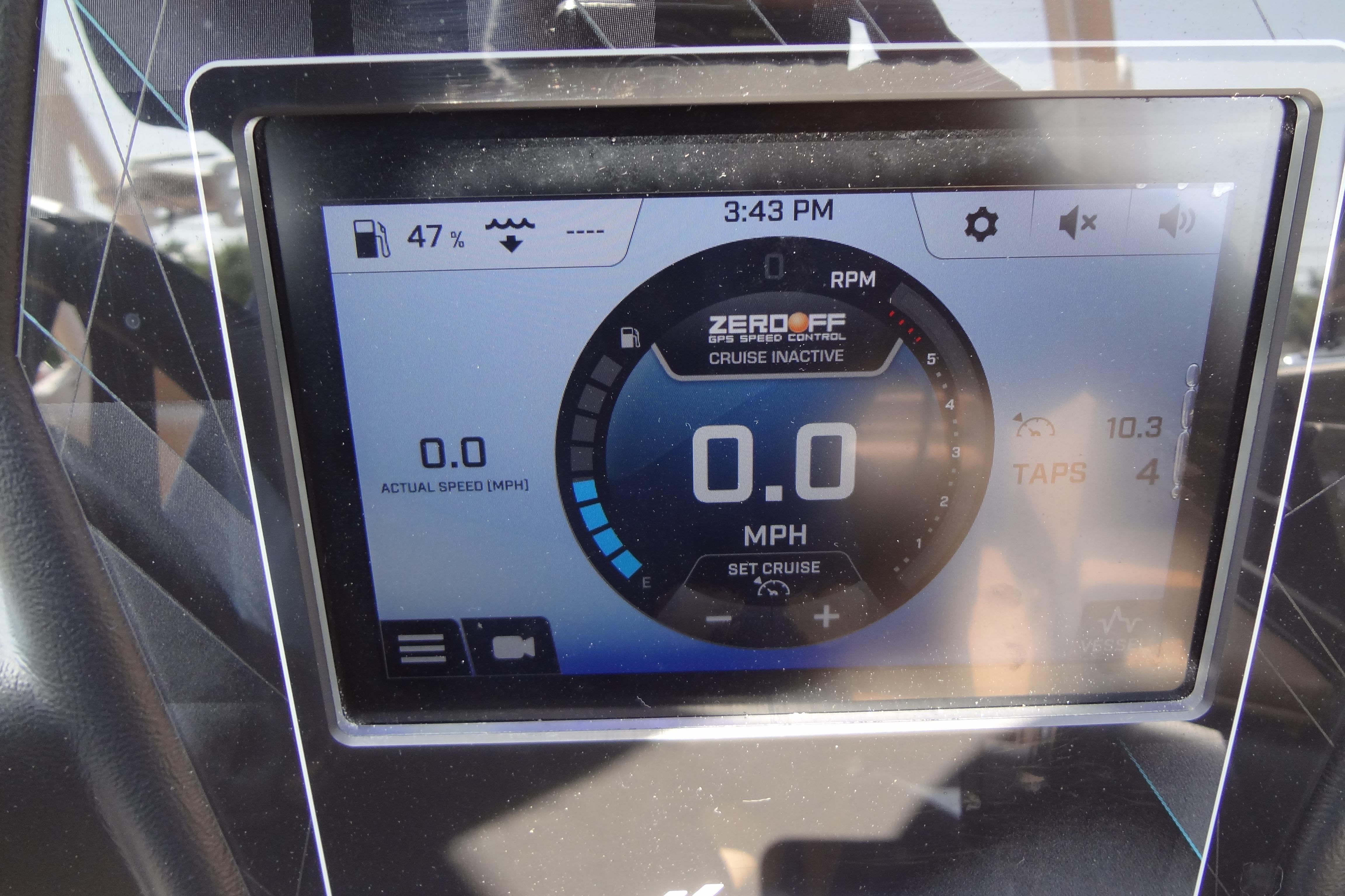 Dashboard display of a 2022 ATX Surf Boats 24 Type-S showing speed and fuel level.