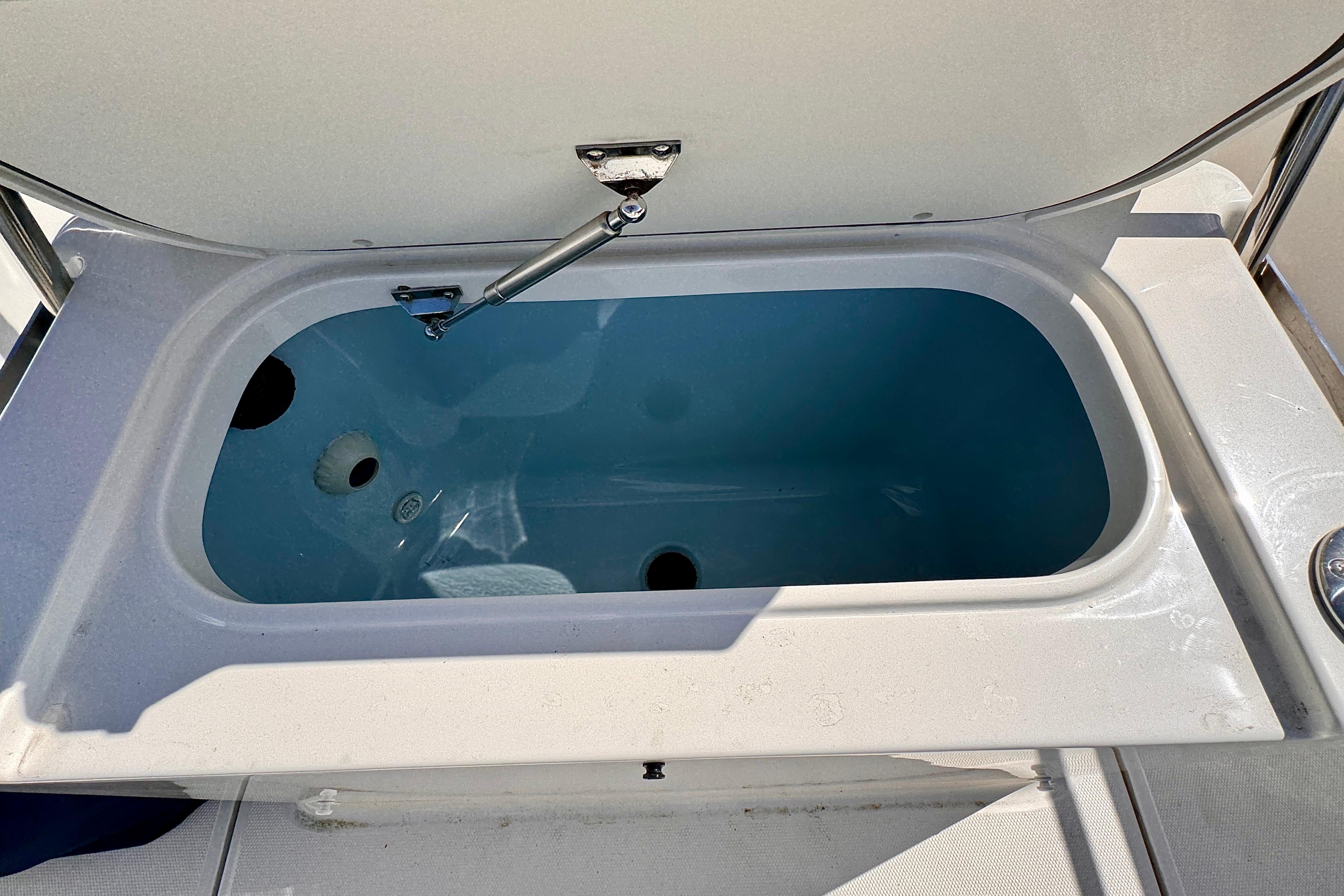 Livewell compartment on a 2022 Boston Whaler 220 Dauntless boat, open lid view.