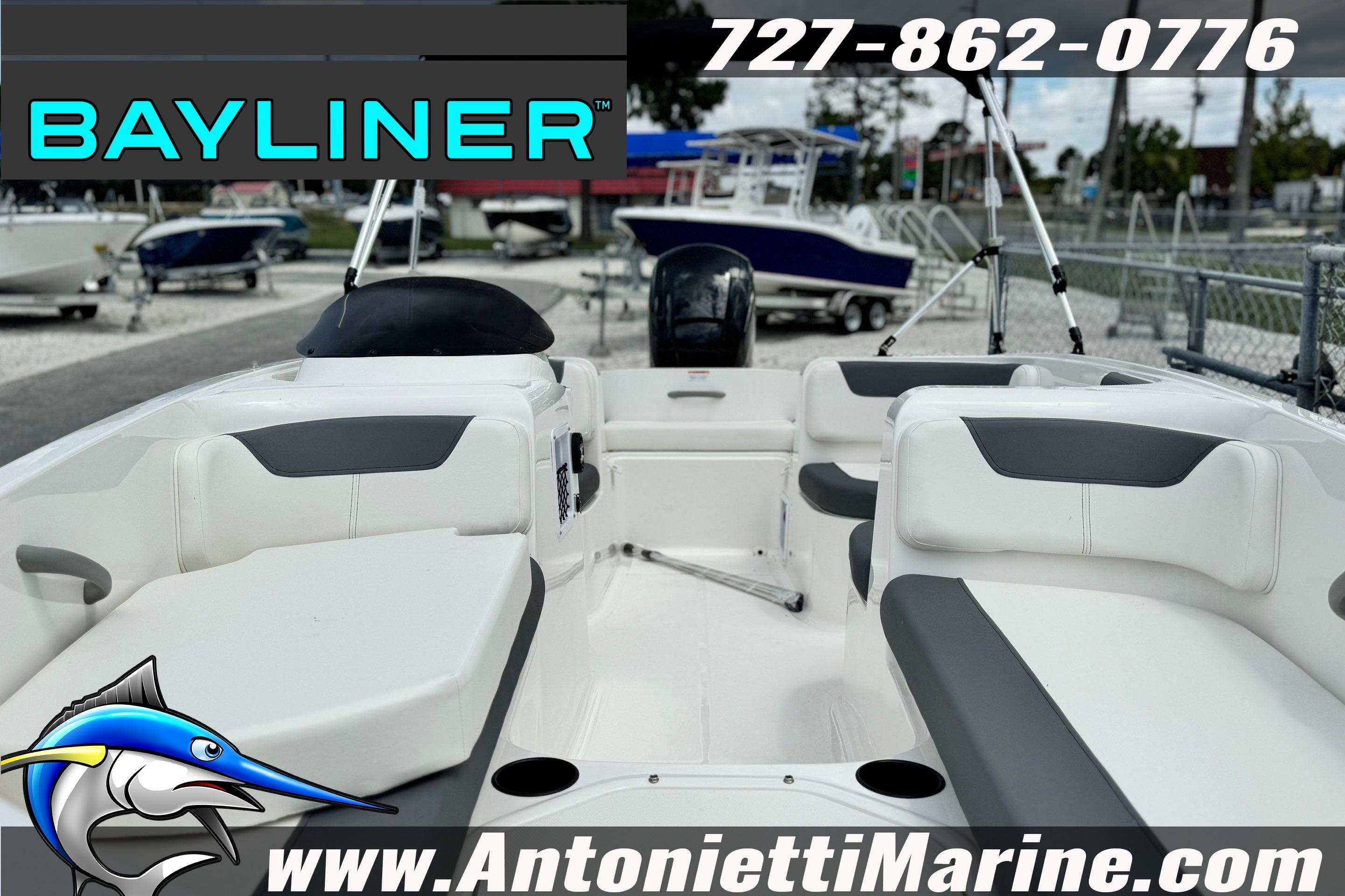 2026 Bayliner Element E16 boat interior with seating, displayed at Antonietti Marine.