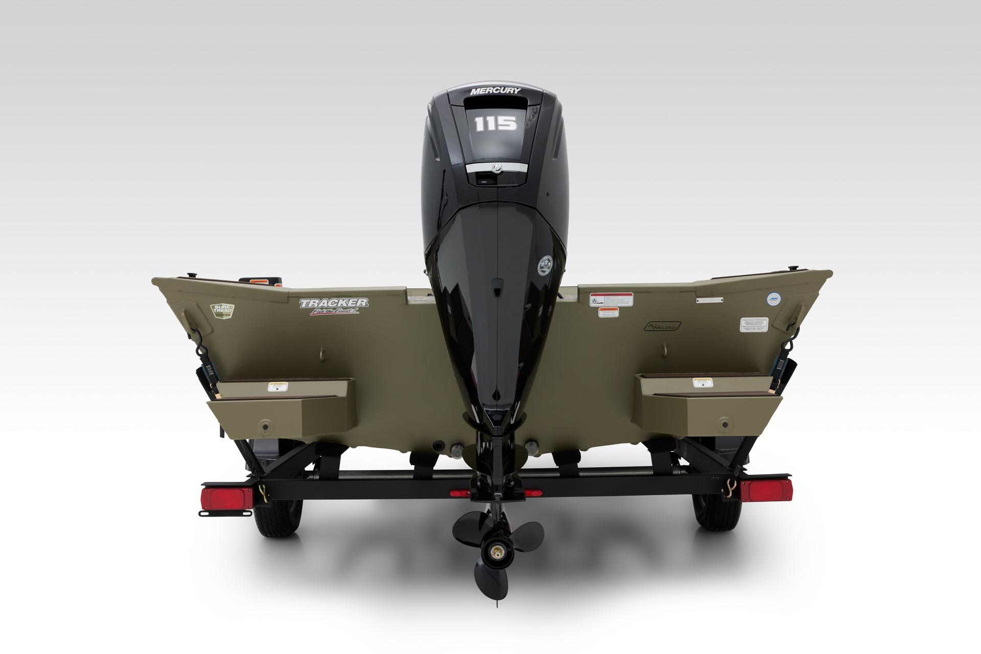 2024 Tracker Grizzly 2072 CC boat rear view with Mercury 115 outboard motor.