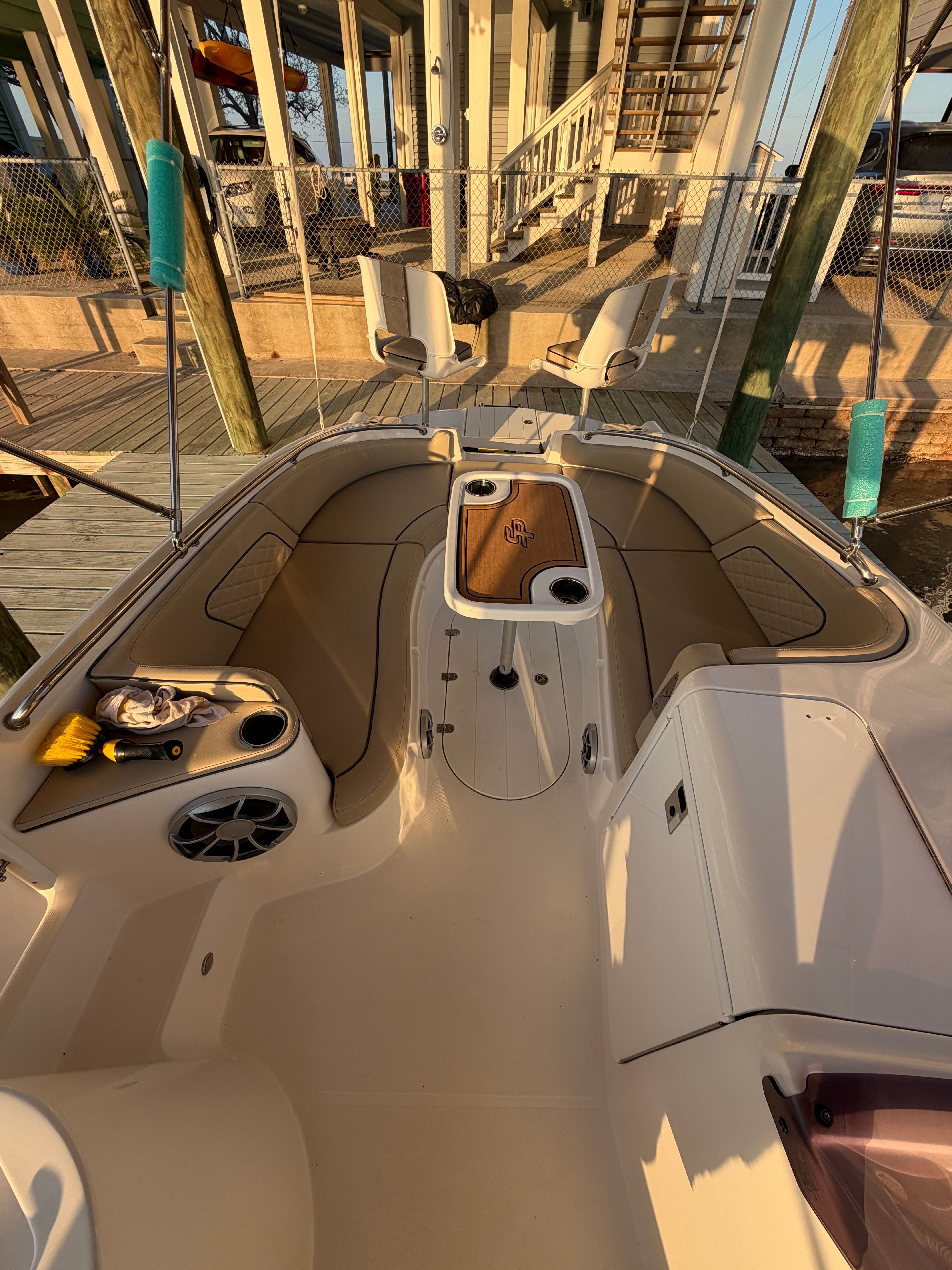 Interior view of a 2021 Sea Pro Citation boat at dock.