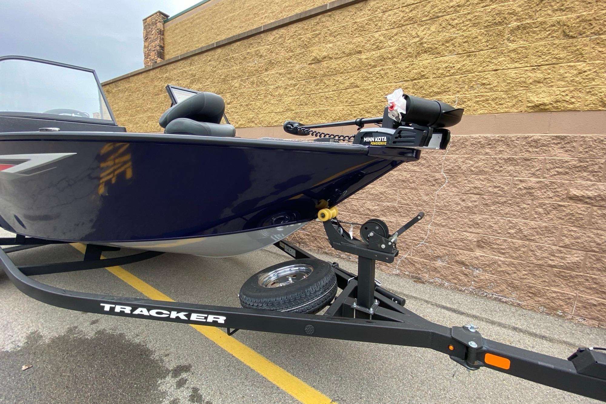 2026 Tracker Pro Guide V-175 WT boat on trailer, featuring Minn Kota trolling motor.