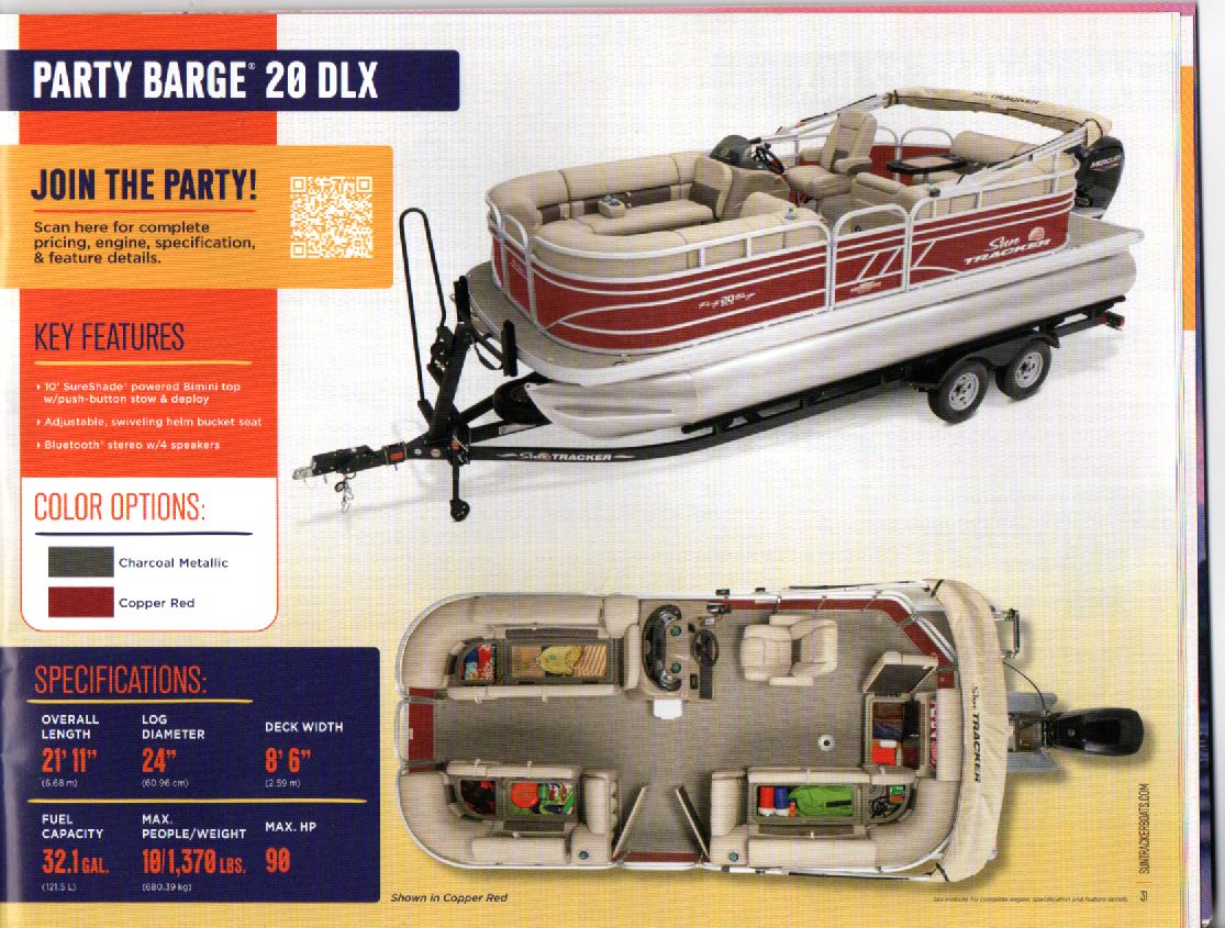 Sun Tracker Party Barge 20 DLX 2023: Pontoon boat with red and beige design, on a trailer.