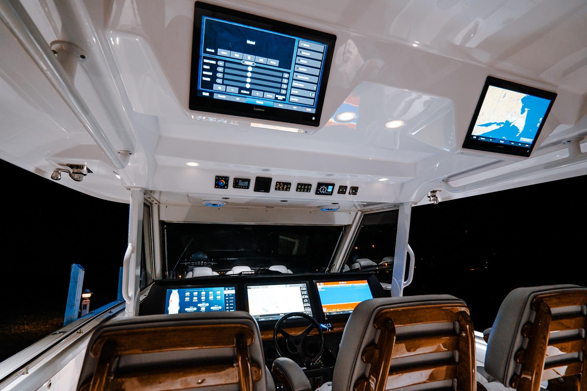 Interior of 2026 Everglades 455 Center Console boat with advanced navigation displays.