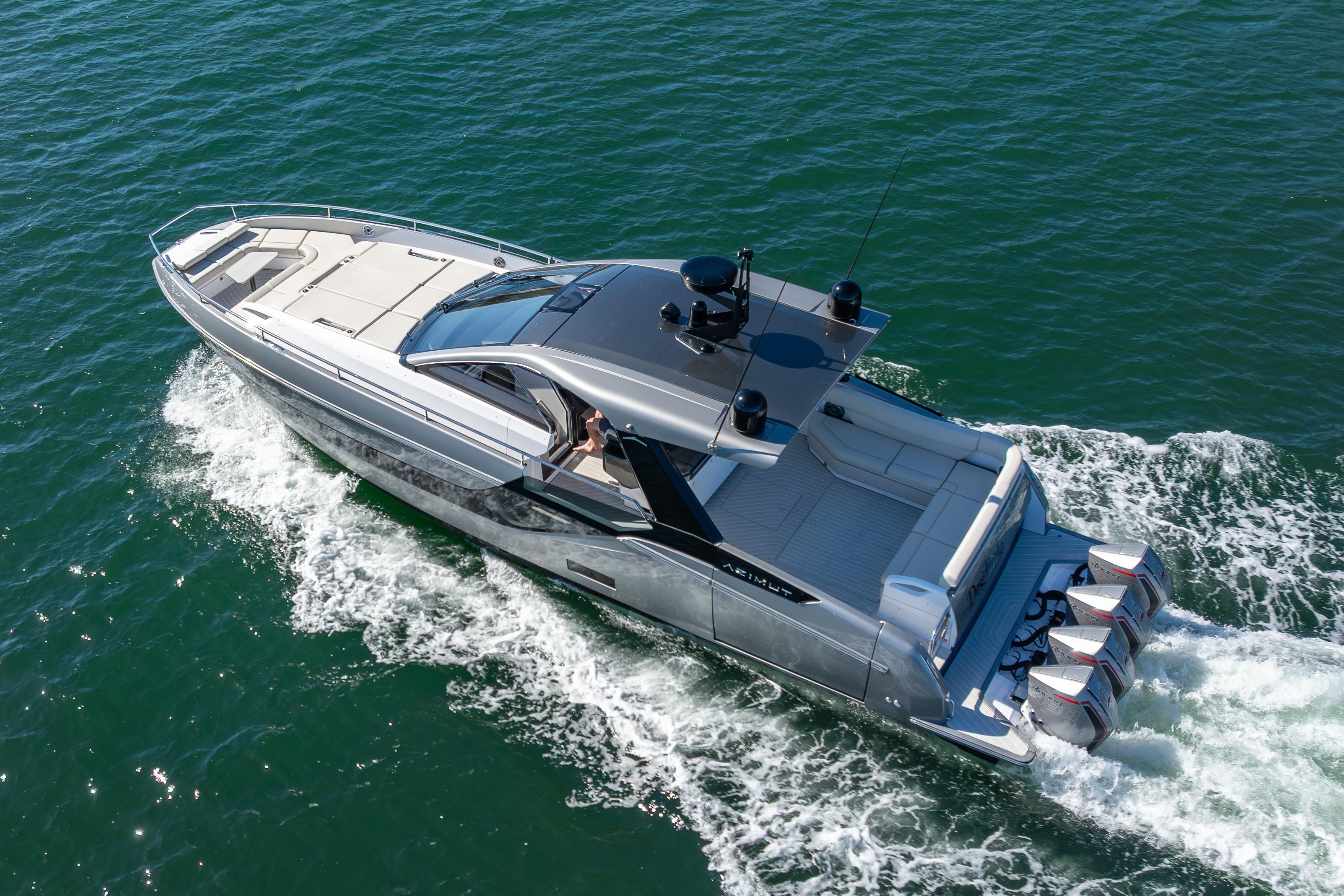 2023 Azimut Verve 47 luxury yacht cruising on open water, showcasing sleek design and powerful engines.