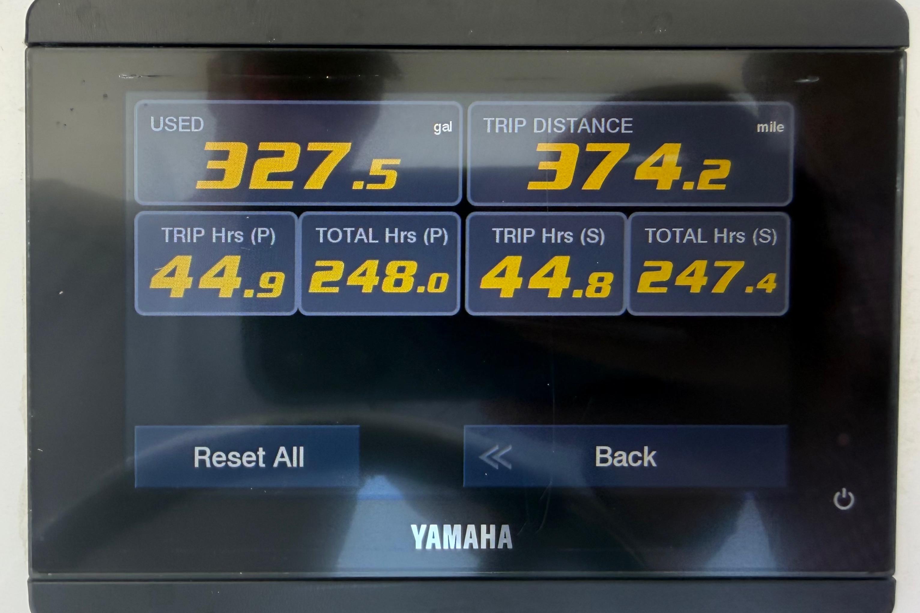 Display screen showing fuel usage and trip data for a 2022 Regulator 28 boat.