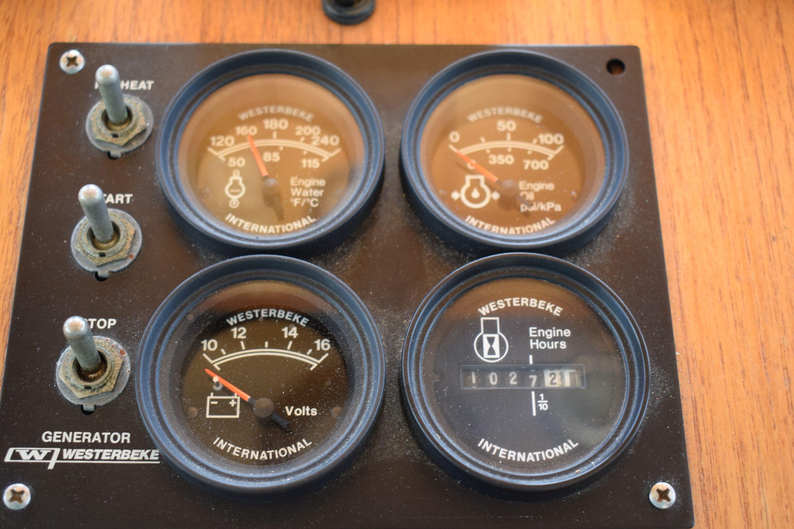 Control panel of a 1980 Cheoy Lee 52 Motorsailer with Westerbeke gauges.