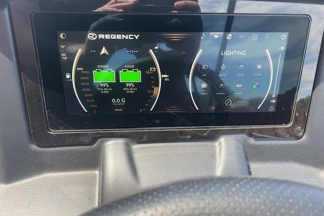 Dashboard display of a 2026 Regency 250 DL showing engine and lighting controls.