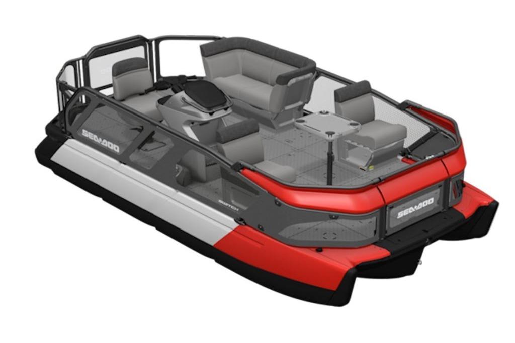 2026 Sea-Doo Switch Compact pontoon boat, red and gray design, spacious seating.
