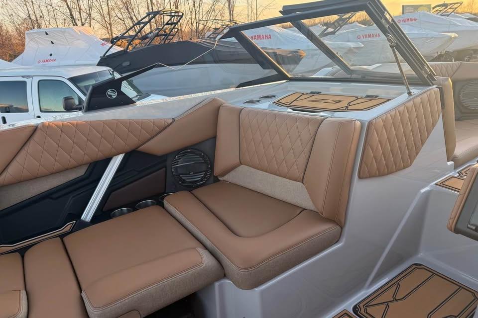 2026 Tigé Z3 boat interior with tan leather seating and modern design.