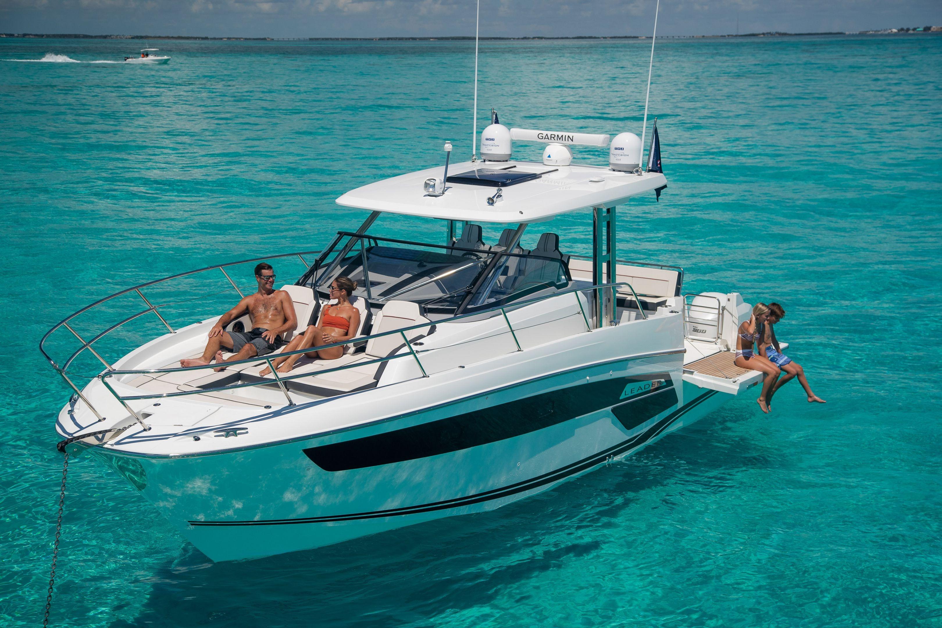 2026 Jeanneau Leader 12.5 WA cruising in clear turquoise waters.