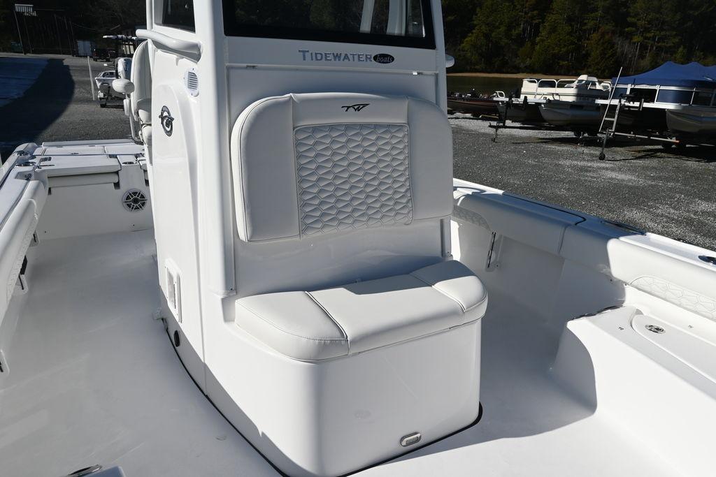 2026 Tidewater 2500 Carolina Bay boat interior with white seating and console.