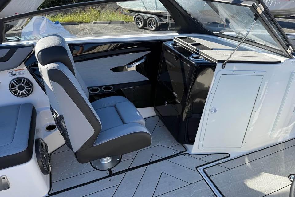 Interior of 2026 Yamaha Boats 222XD, featuring sleek seating and modern design elements.