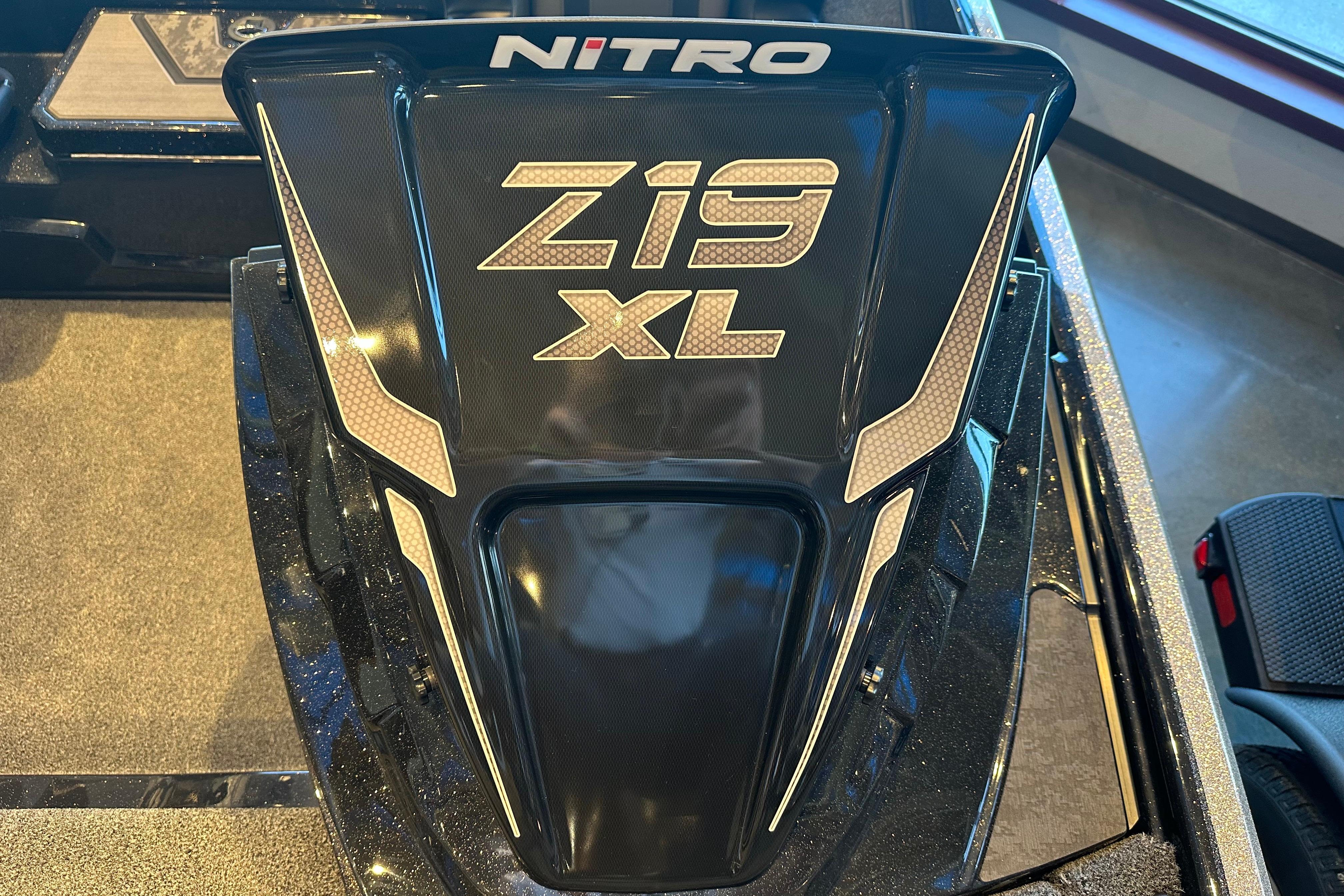 2026 Nitro Z19 XL boat engine cover with sleek black design and bold lettering.