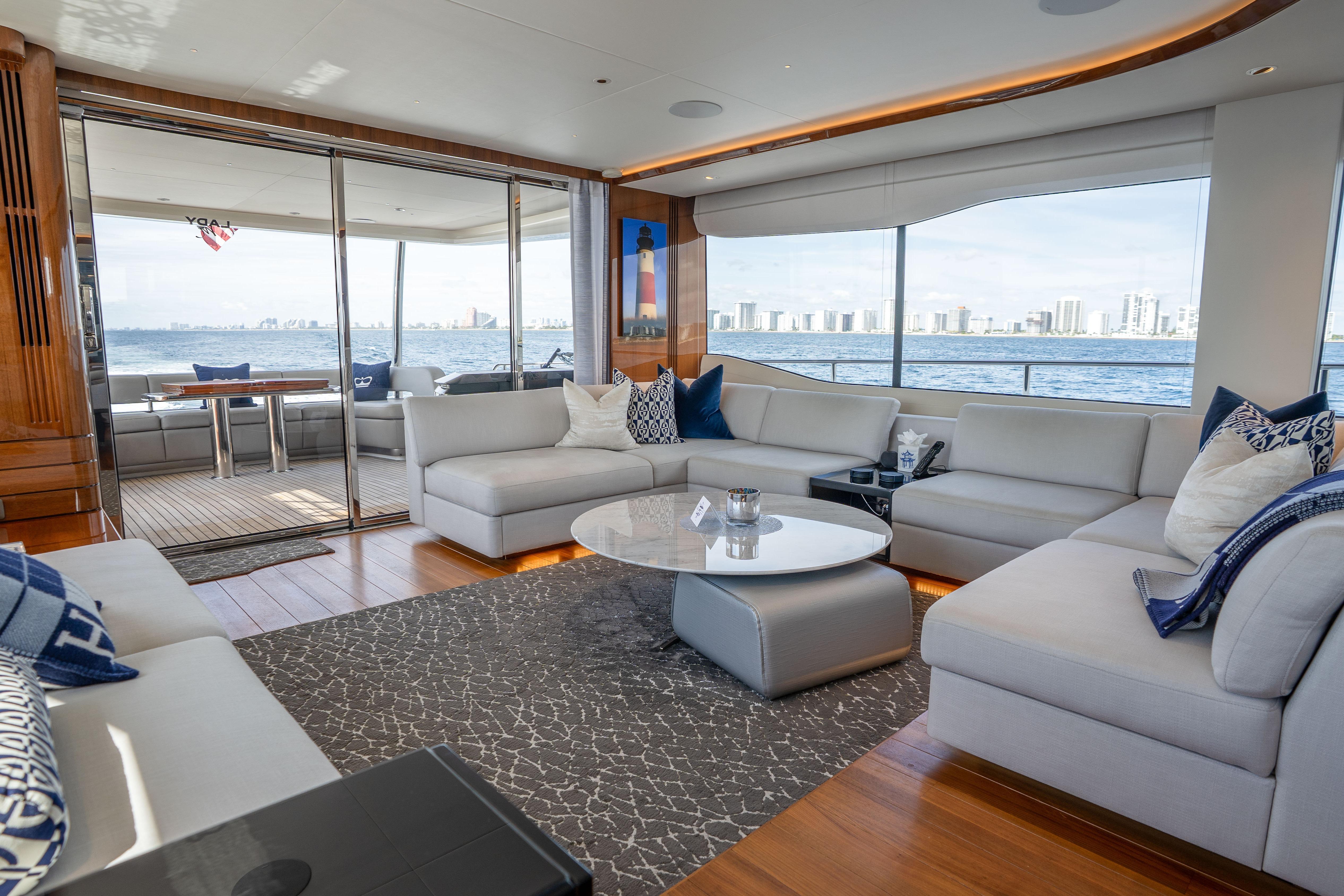 Luxurious 2020 Princess Y85 yacht interior with elegant seating and ocean views.