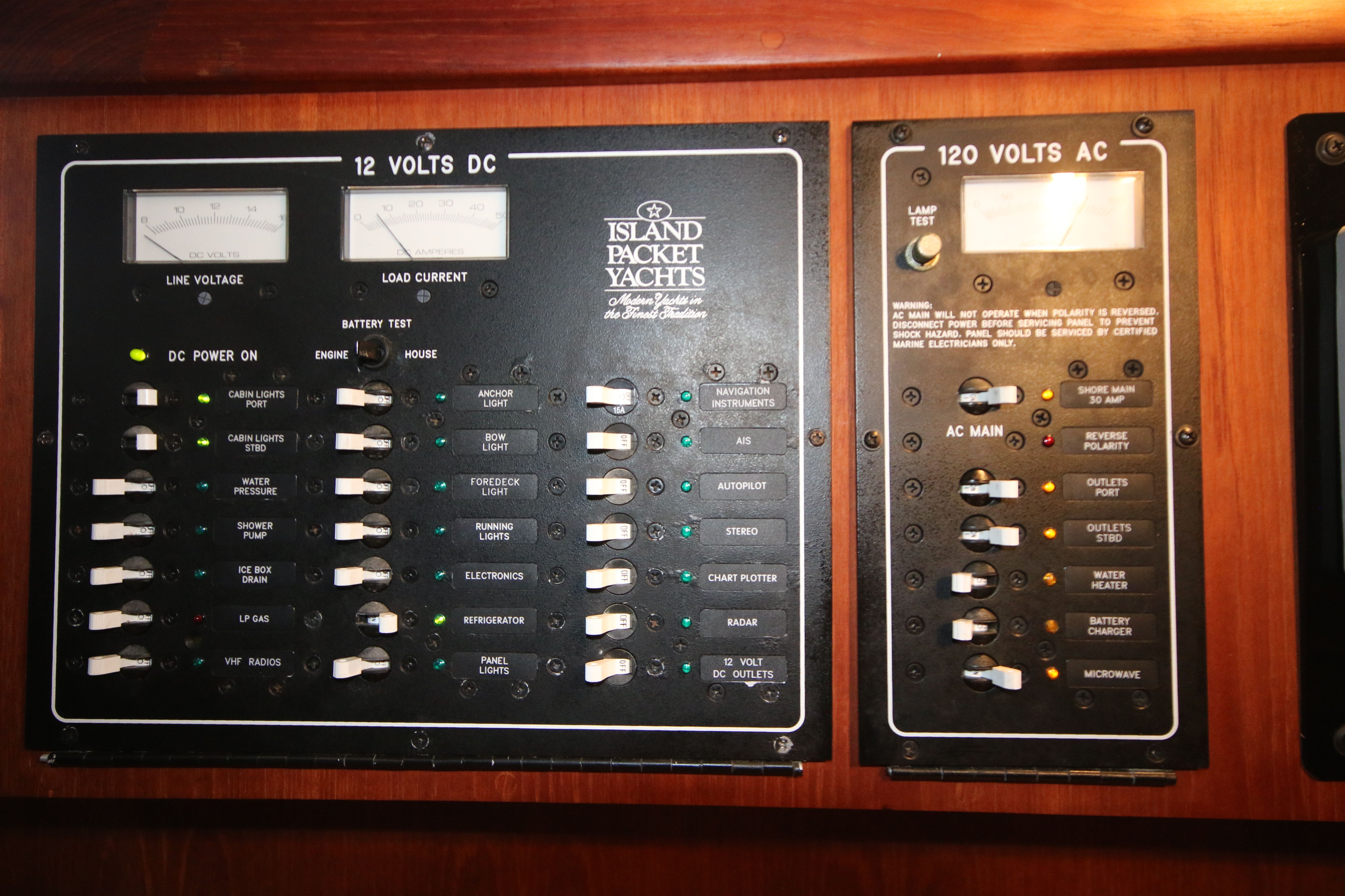 Control panel of Island Packet 380 yacht, year 2002.