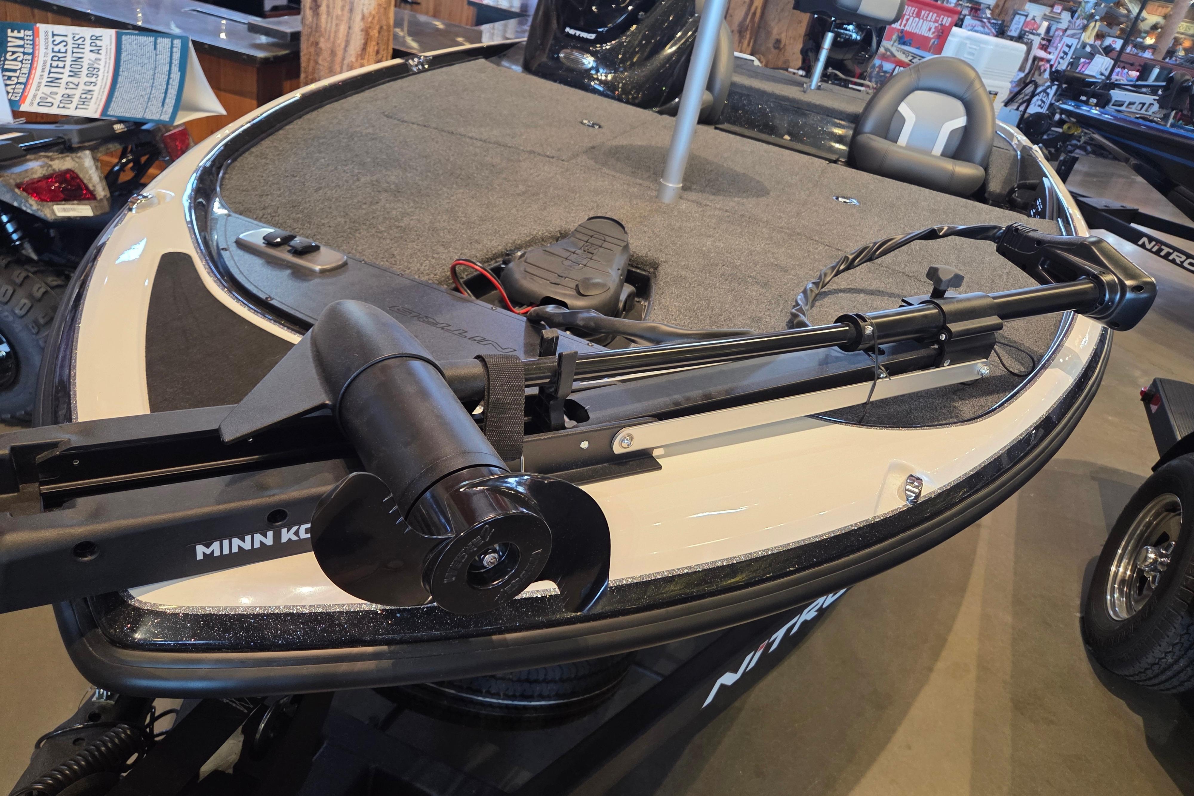 2026 Nitro Z17 boat with Minn Kota trolling motor, displayed indoors.