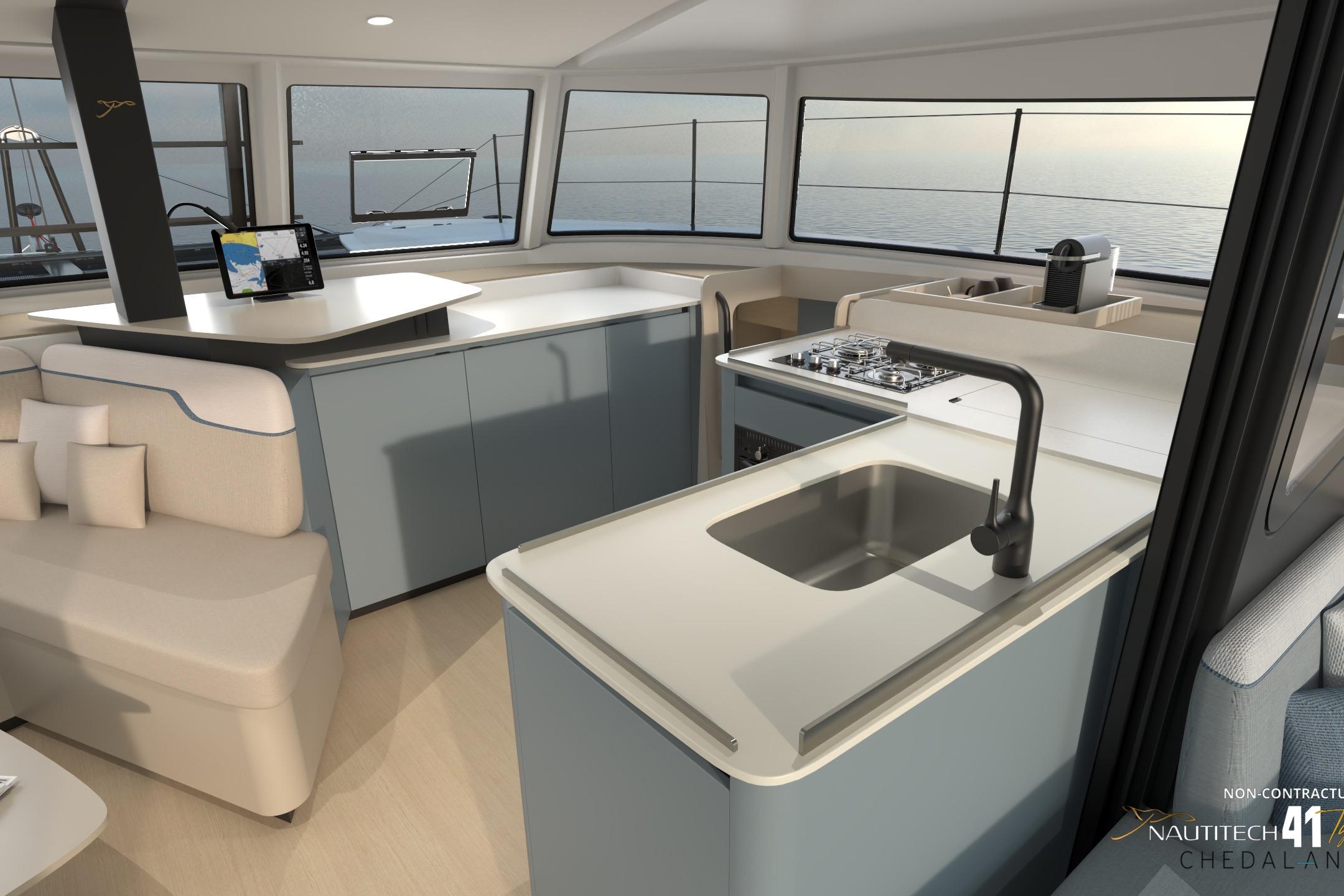 Interior of Nautitech 41 Type S yacht, modern kitchen, 2026 model.