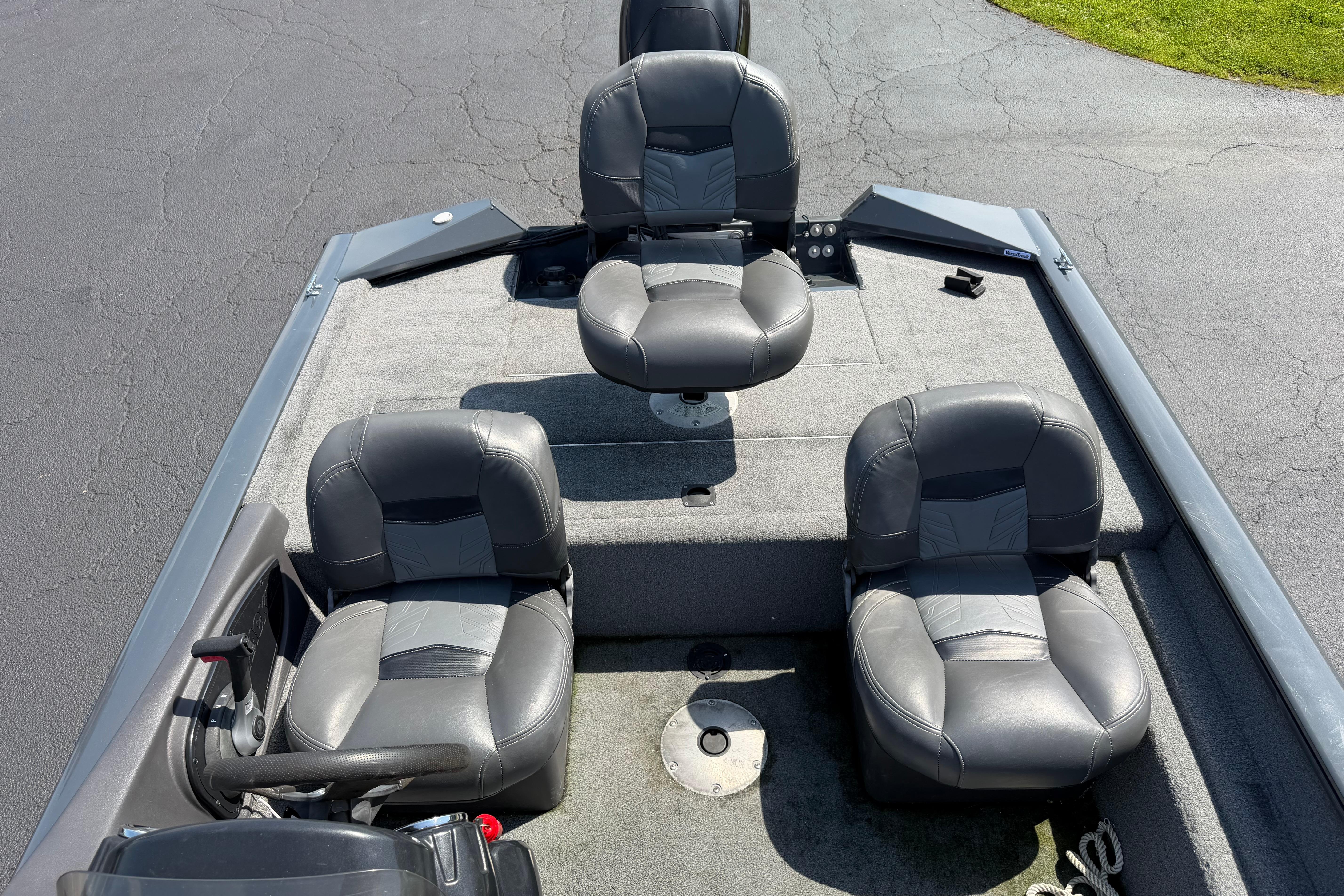 2019 Tracker Pro Team 175 TF boat interior with four gray seats.