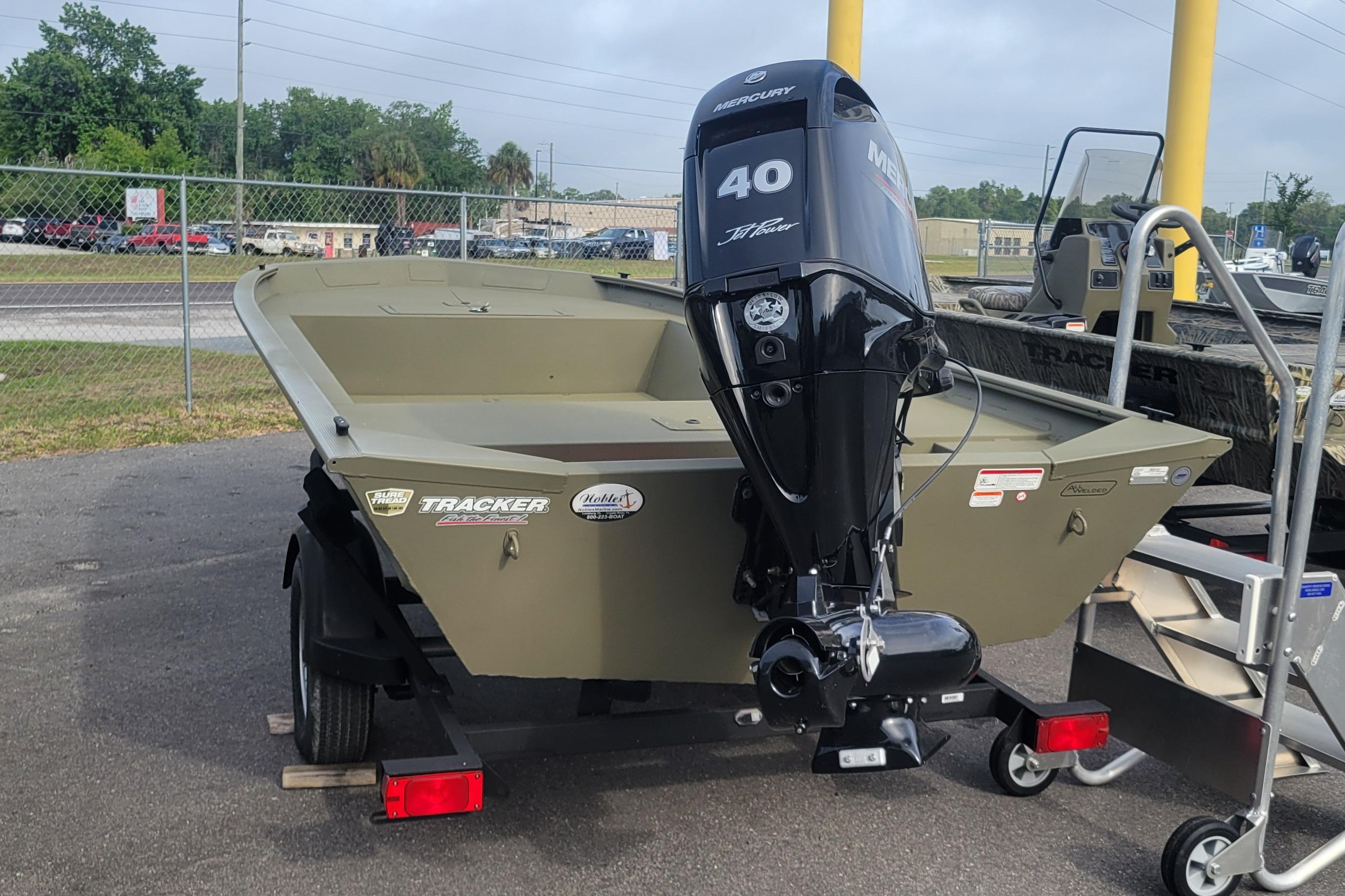 2026 Tracker Grizzly 1754 Utility boat with Mercury 40 HP motor on trailer.