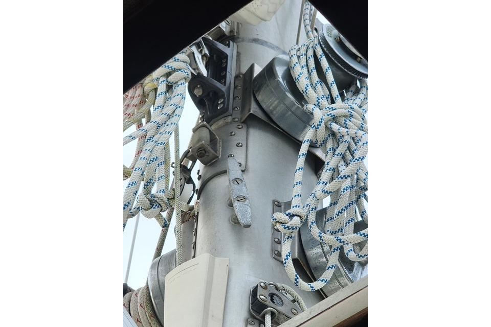 Close-up of rigging on a 1984 Bristol 45.5 Center Cockpit sailboat mast.