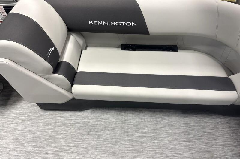 2026 Bennington 22 SSRSF boat seat with black and white upholstery.