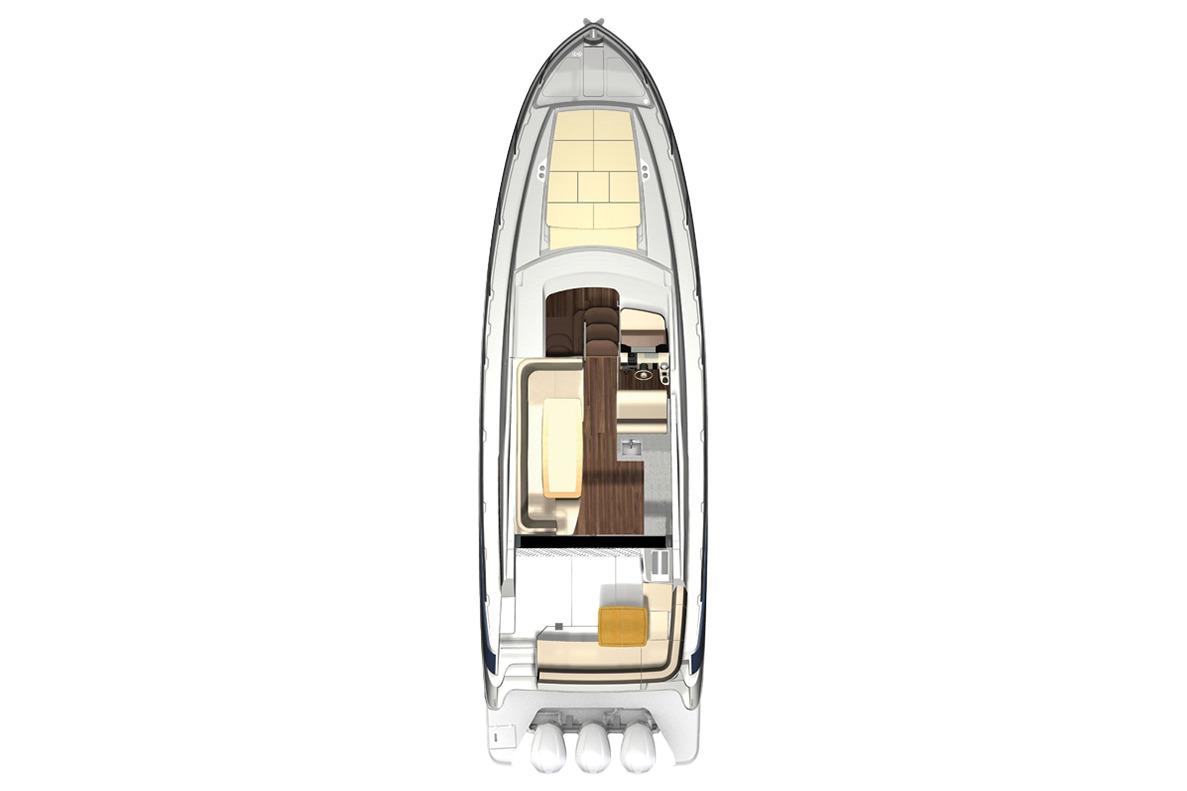 Top view of 2021 Regal 42 XO yacht layout, showcasing interior and deck design.