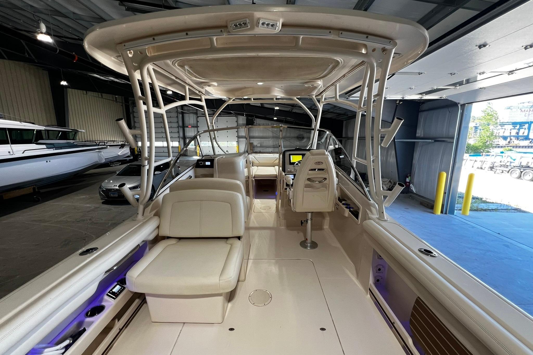 2014 Grady-White Freedom 275 boat interior in a storage facility.