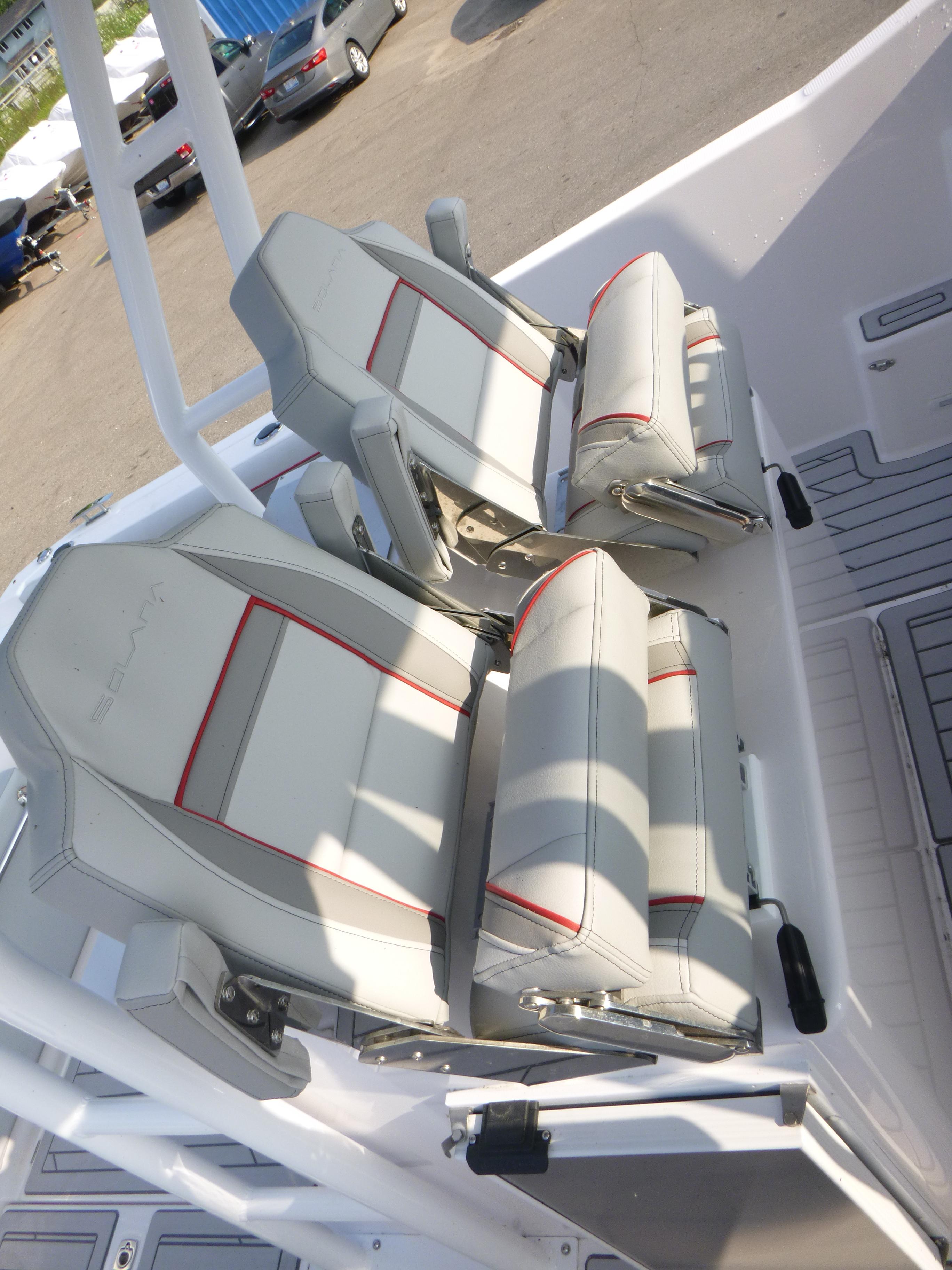 2025 Solara S-250 CW boat seats with white and red accents.