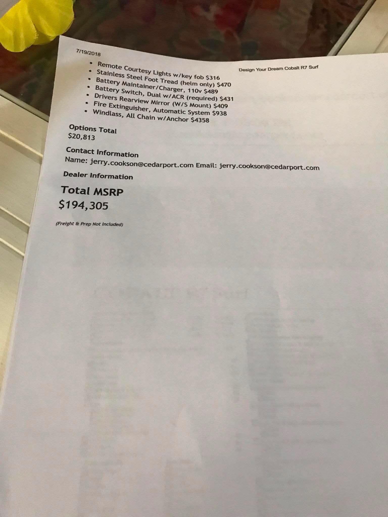 A document listing options and prices for a 2019 Cobalt R7 Surf boat. Total price is $194,305.