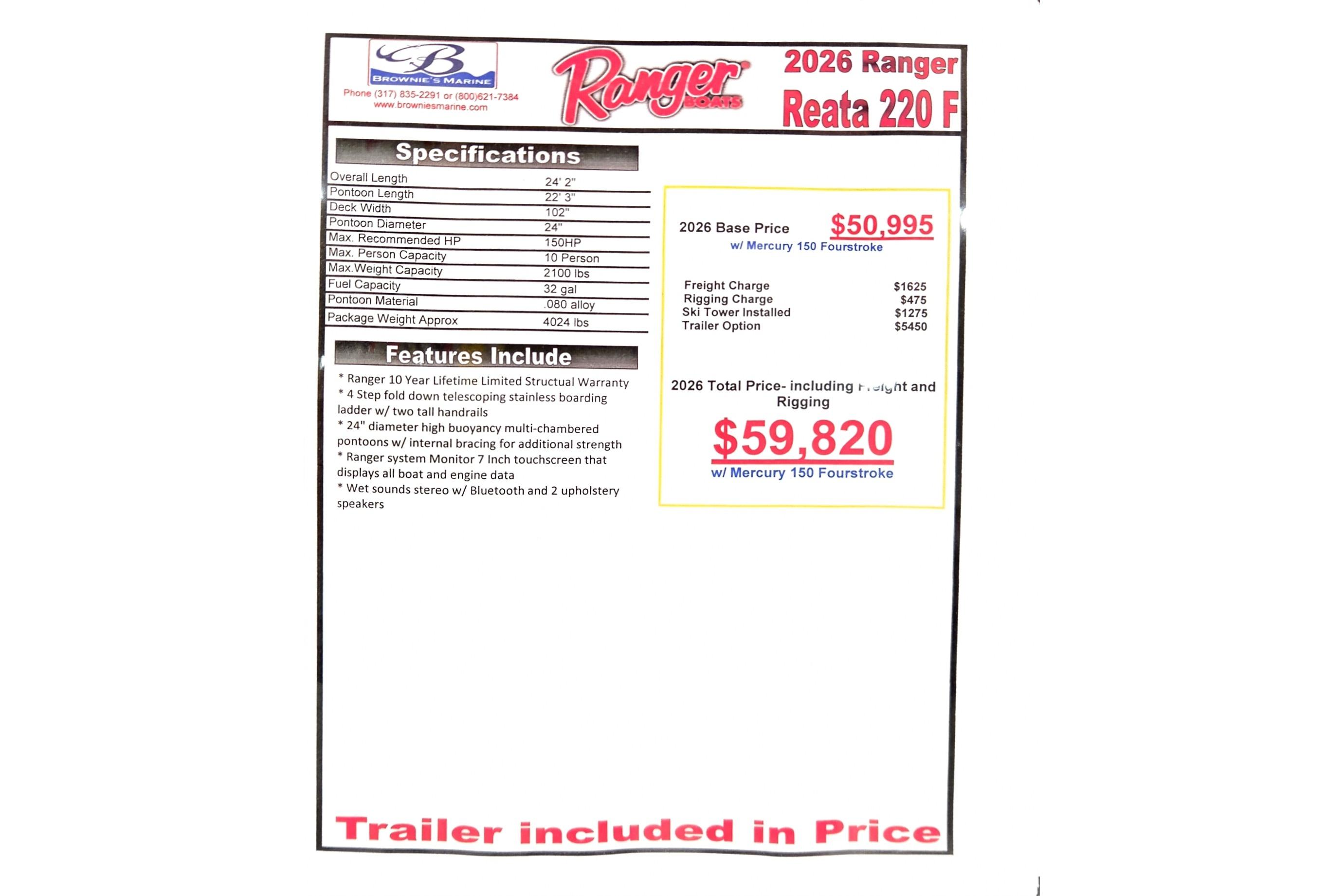 2026 Ranger 220F specifications and pricing details with included trailer.