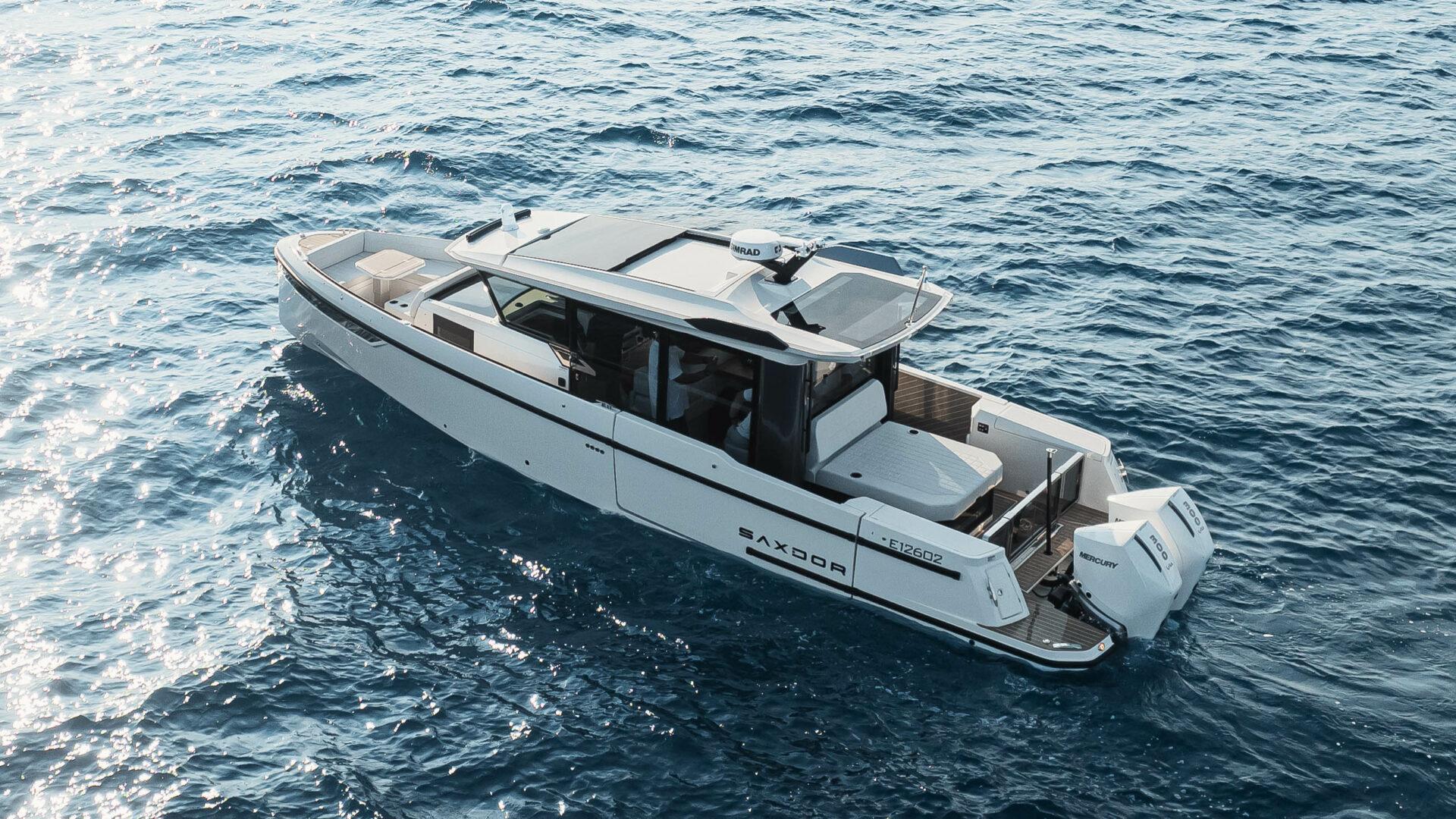 2025 Saxdor 340 GTWA boat cruising on open water.