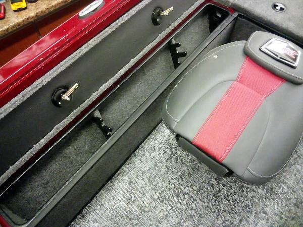 2025 Ranger VS1665 SC boat interior with red and gray seating and storage compartments.
