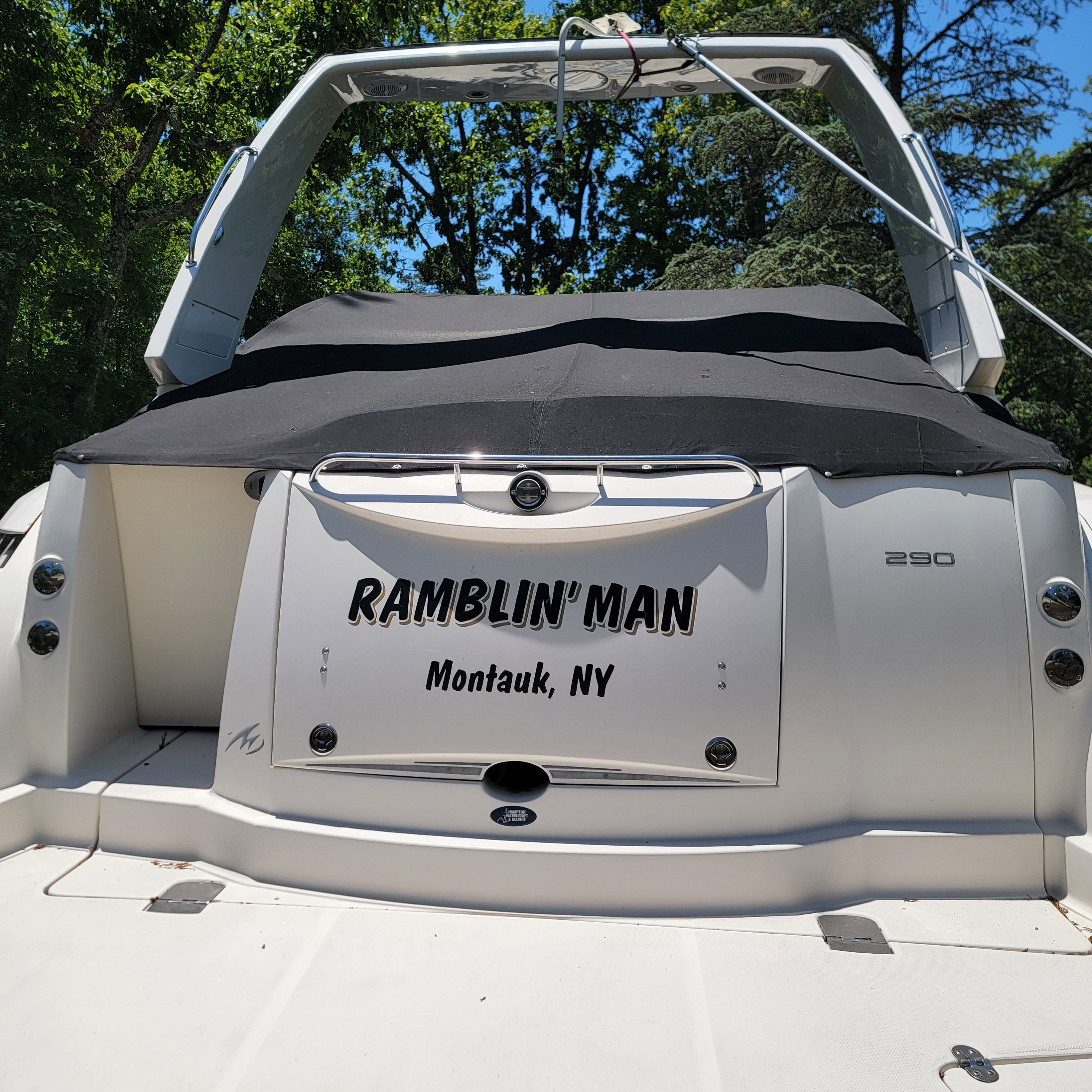 Rear view of a Monterey 290 Cruiser boat named "Ramblin' Man" from Montauk, NY.