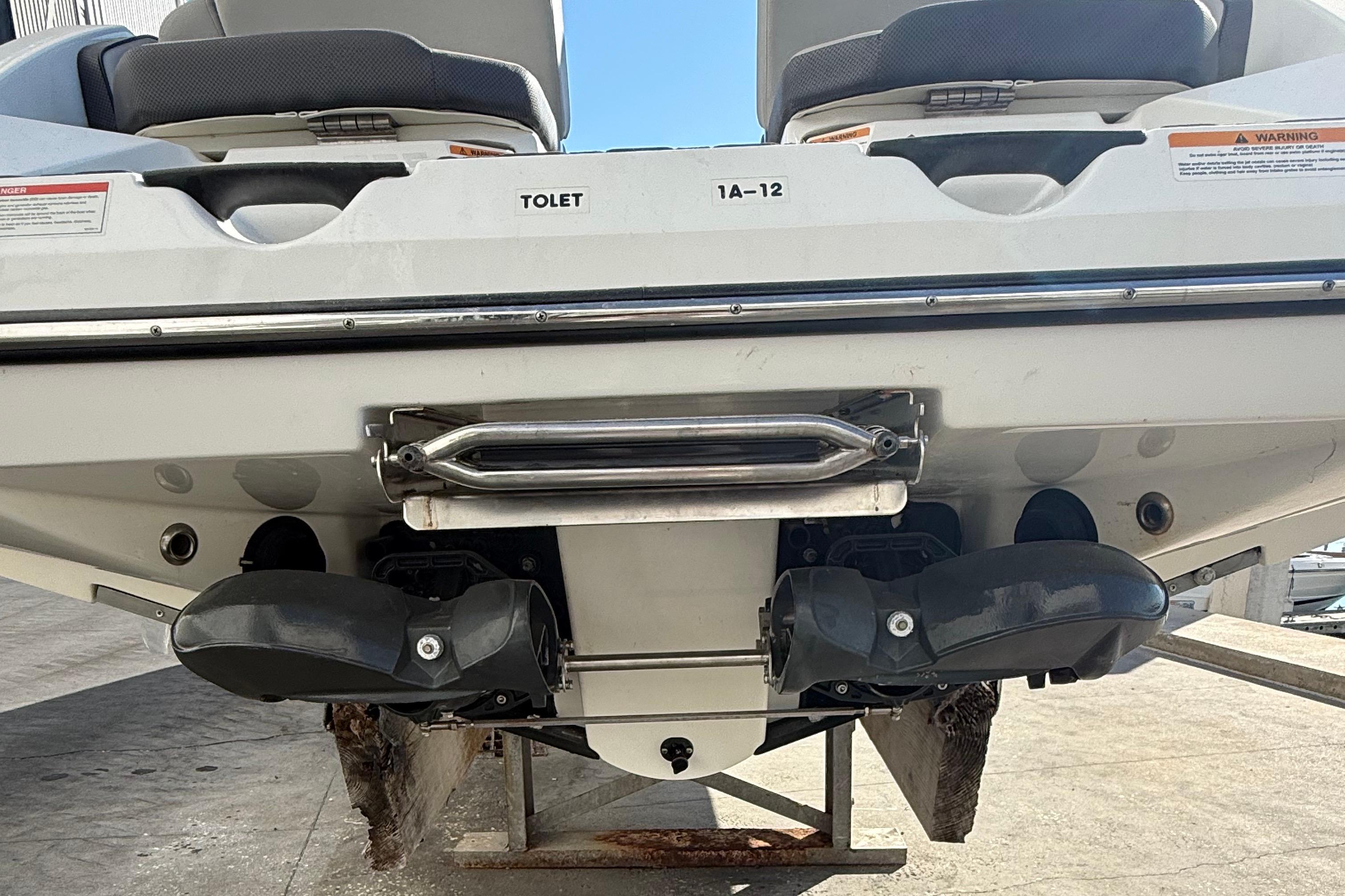 Rear view of 2021 Scarab 255 ID boat showing dual jet propulsion system.