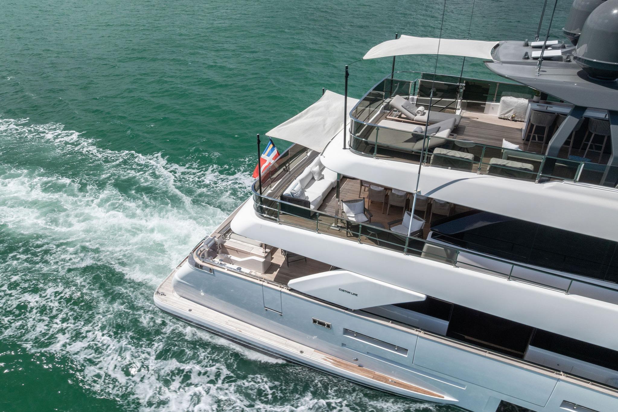 Luxurious 2023 Custom Line Navetta 33 yacht cruising on turquoise waters.