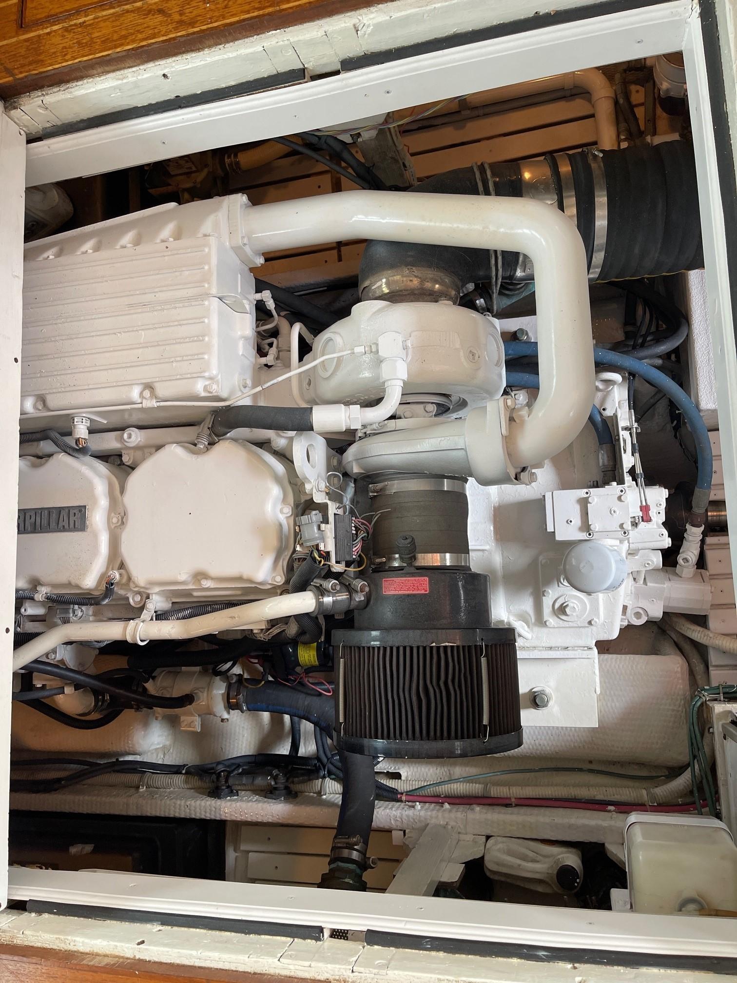 Engine of 1979 Jarvis Newman Trawler, detailed view of mechanical components.