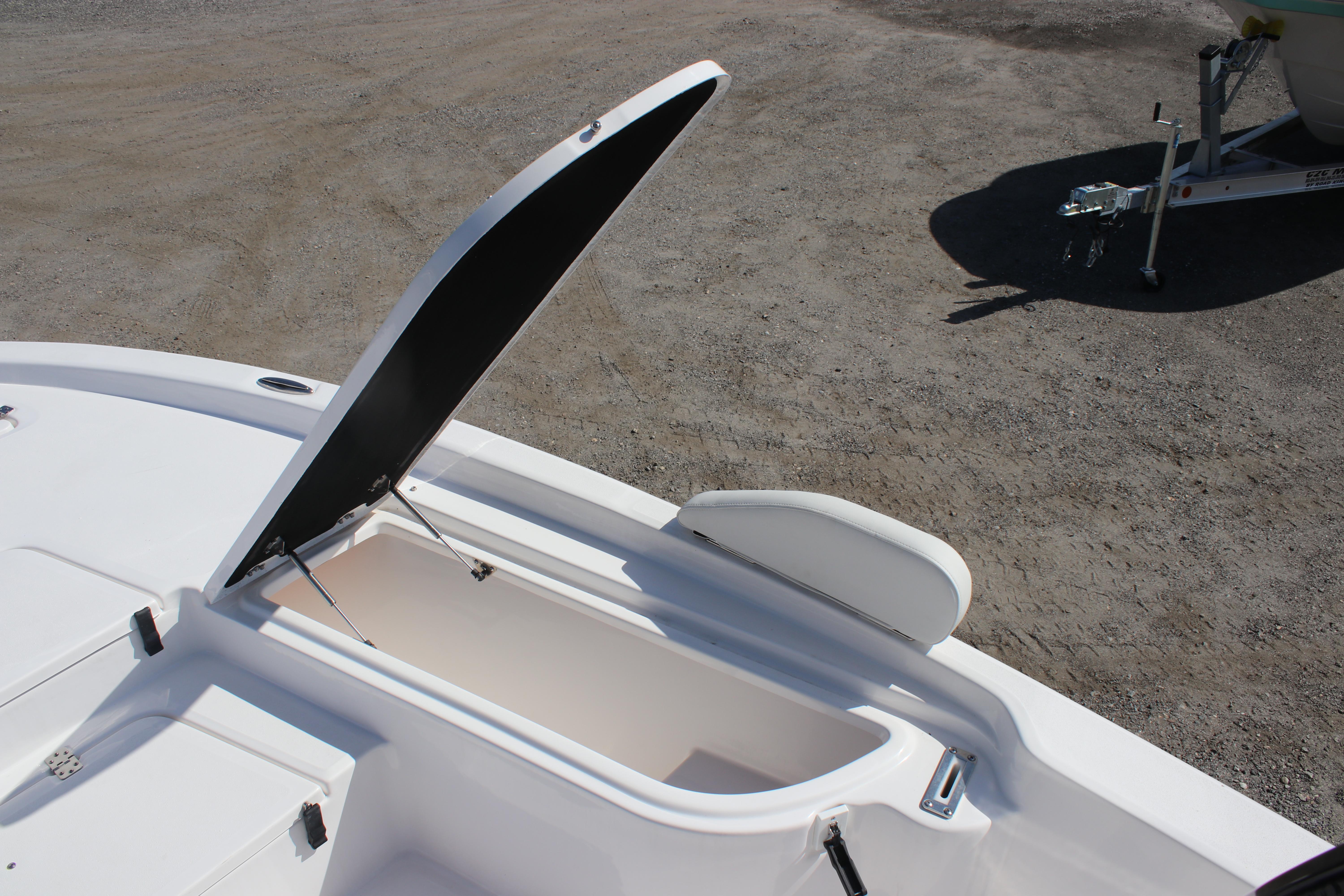 Open storage compartment on 2025 Sea Fox 251 Bay Fox boat.