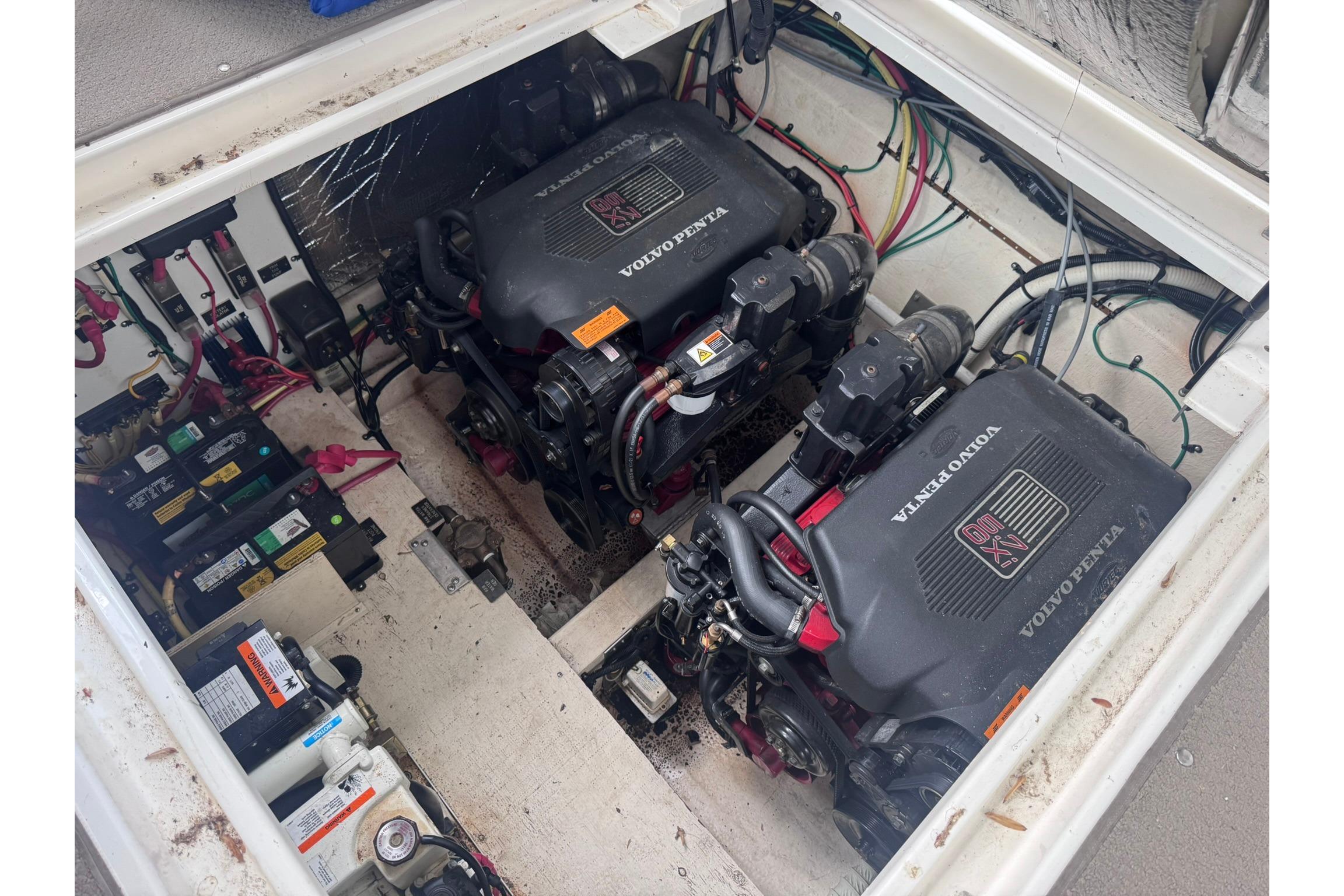 Engine compartment of a 2002 Cruisers Yachts 3275 Express with Volvo Penta engines.