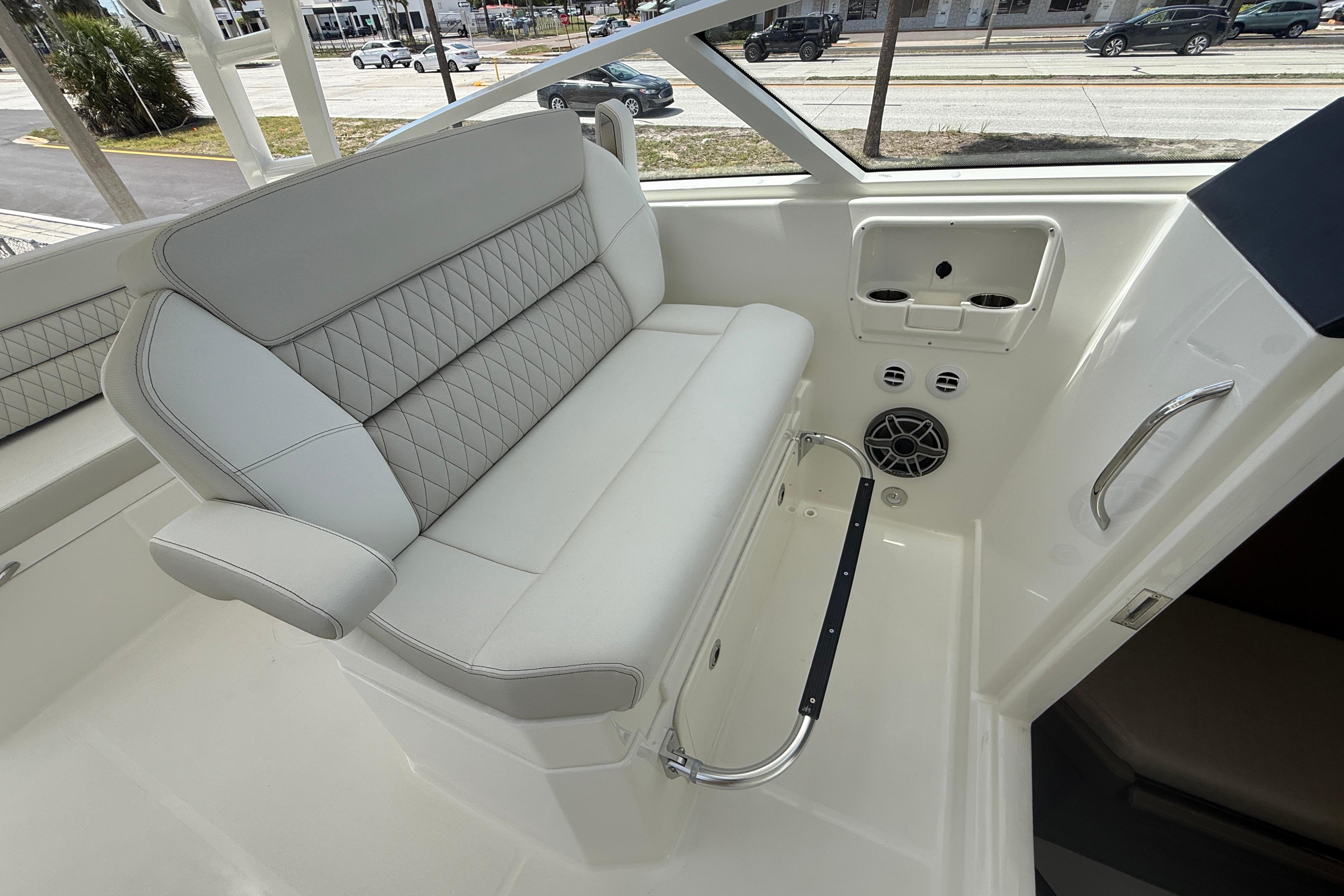 Luxurious seating on the 2026 World Cat 400 DC-X Island boat, featuring elegant design and comfort.