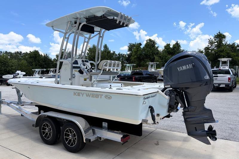 2025 Key West 210 Bay Reef boat on trailer with Yamaha outboard motor.