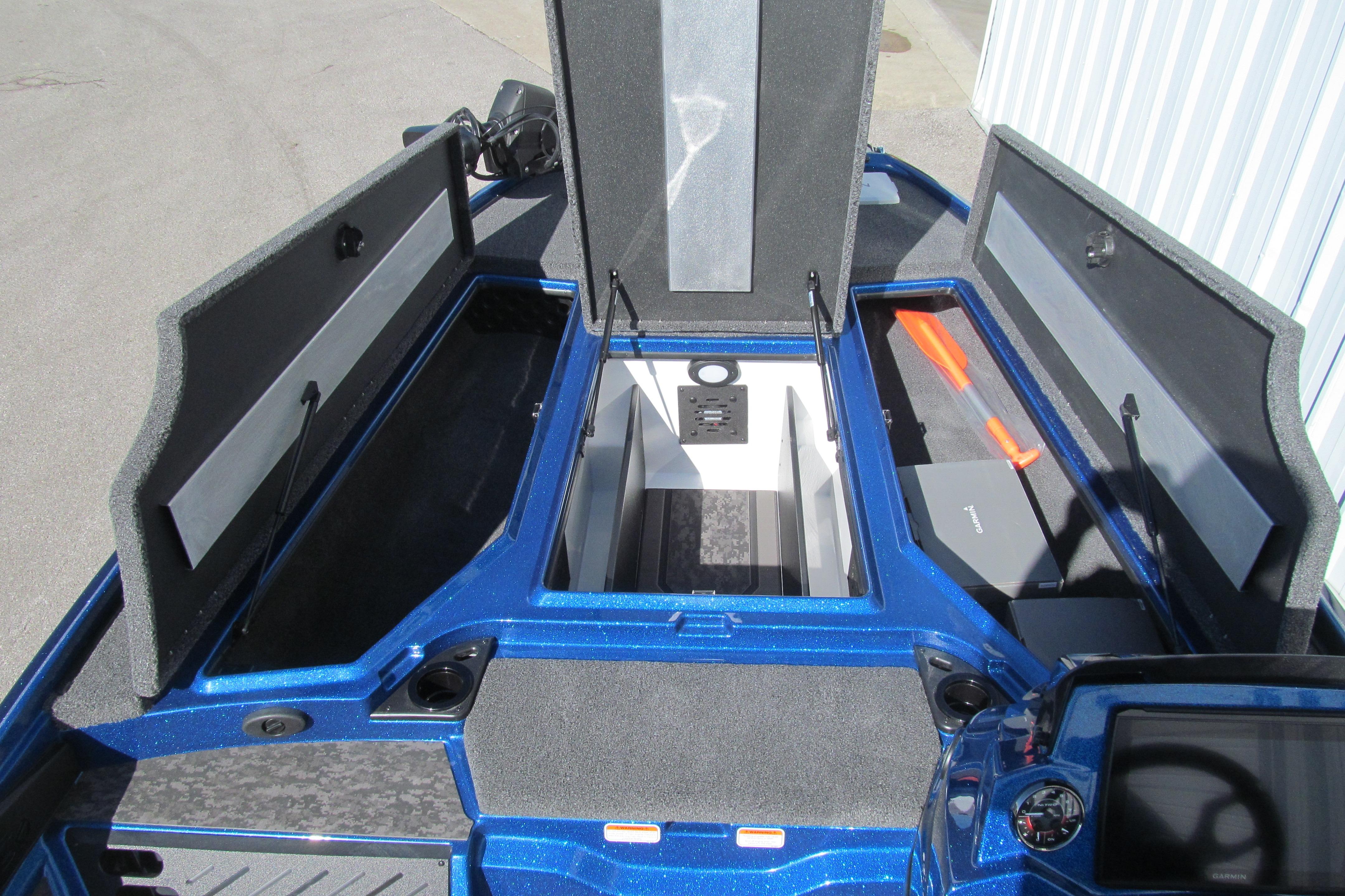 2026 Nitro Z20 XL Pro boat storage compartments open, showcasing spacious interior and sleek design.