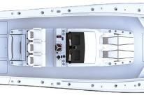 Top view of a 2027 Regulator 35 boat, showcasing its spacious deck layout.