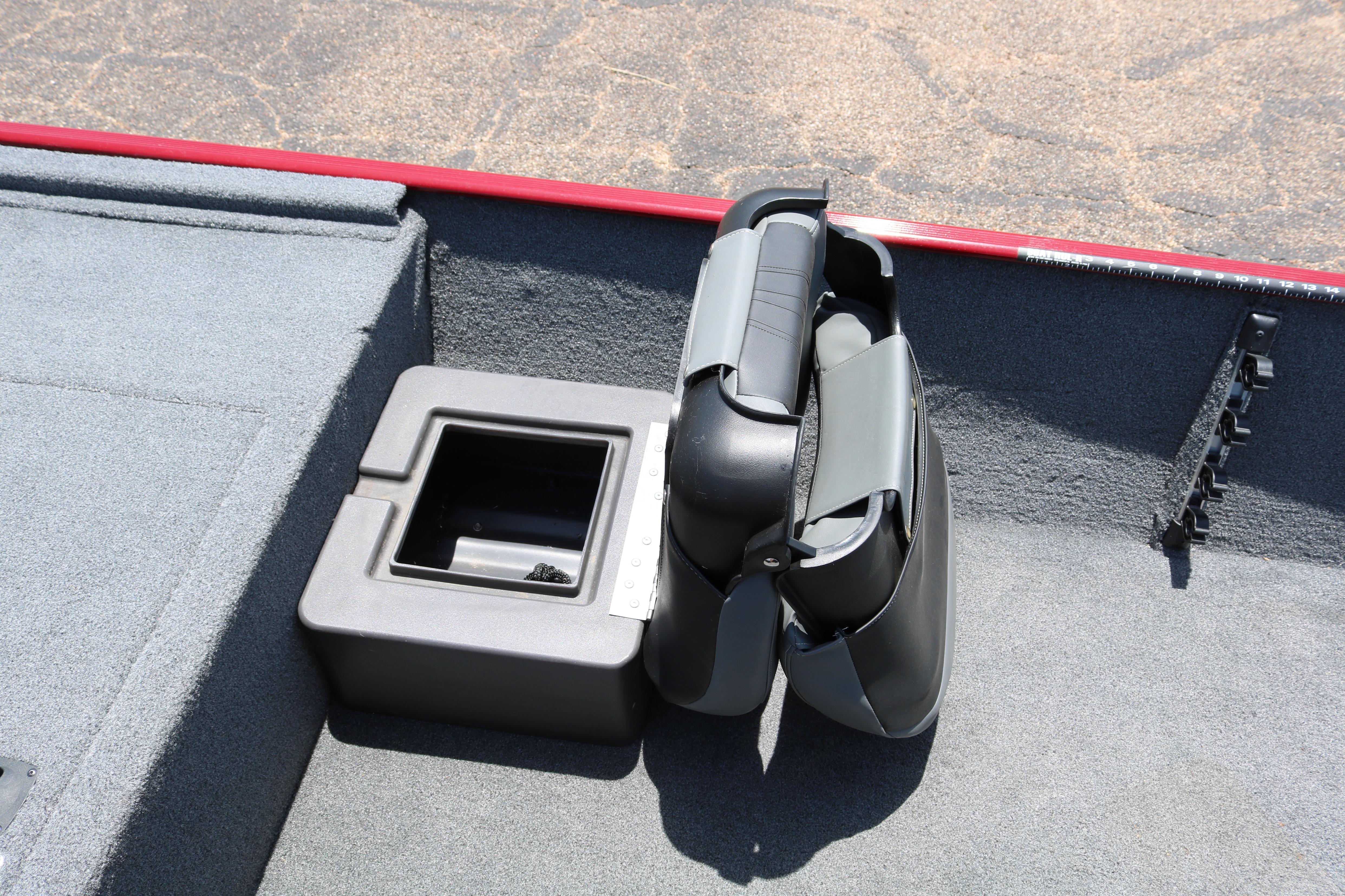 2021 Tracker Bass Tracker Classic XL boat seat and storage compartment detail.
