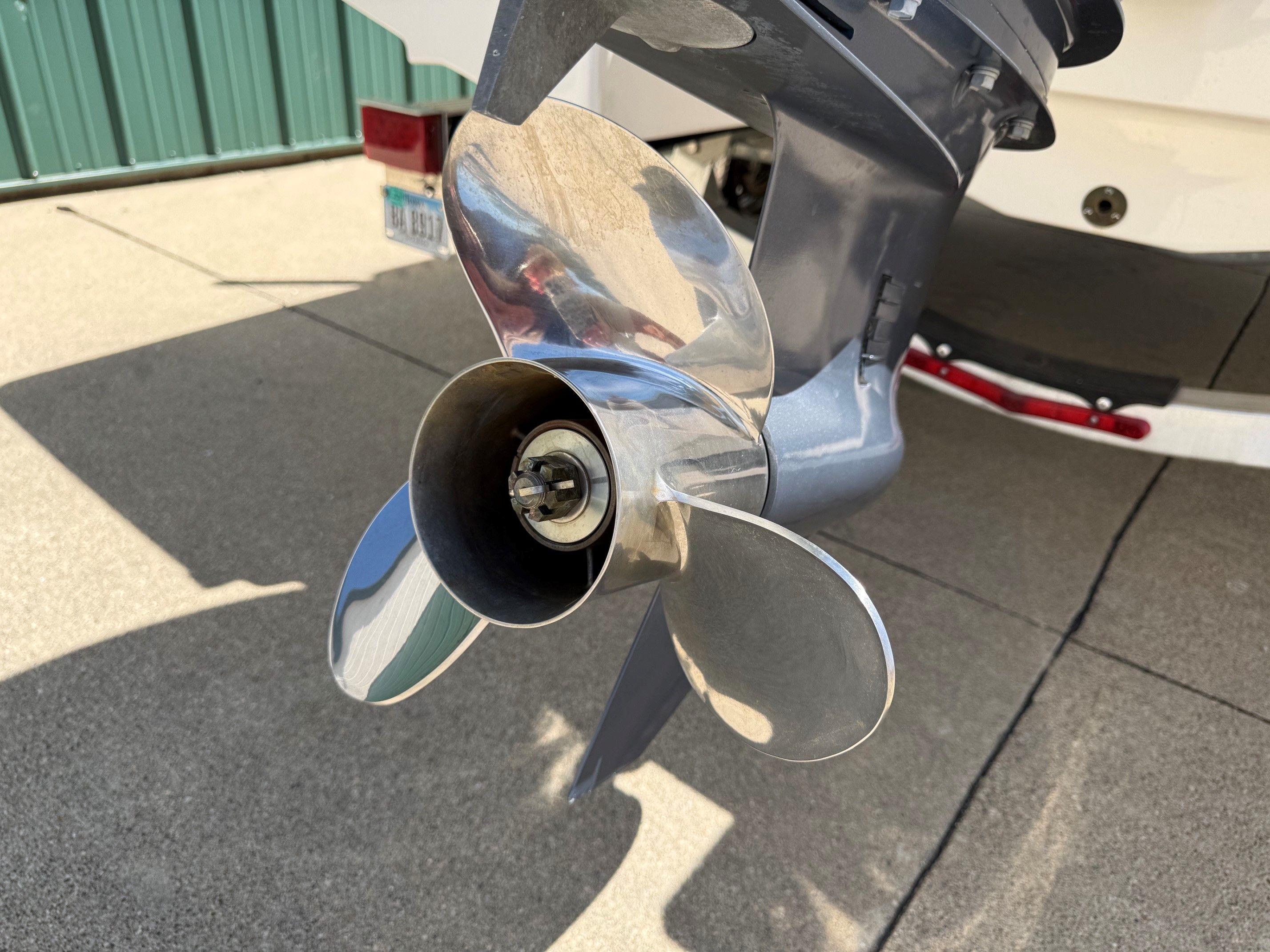 Close-up of a shiny boat propeller, Robalo 226 Cayman 2021.