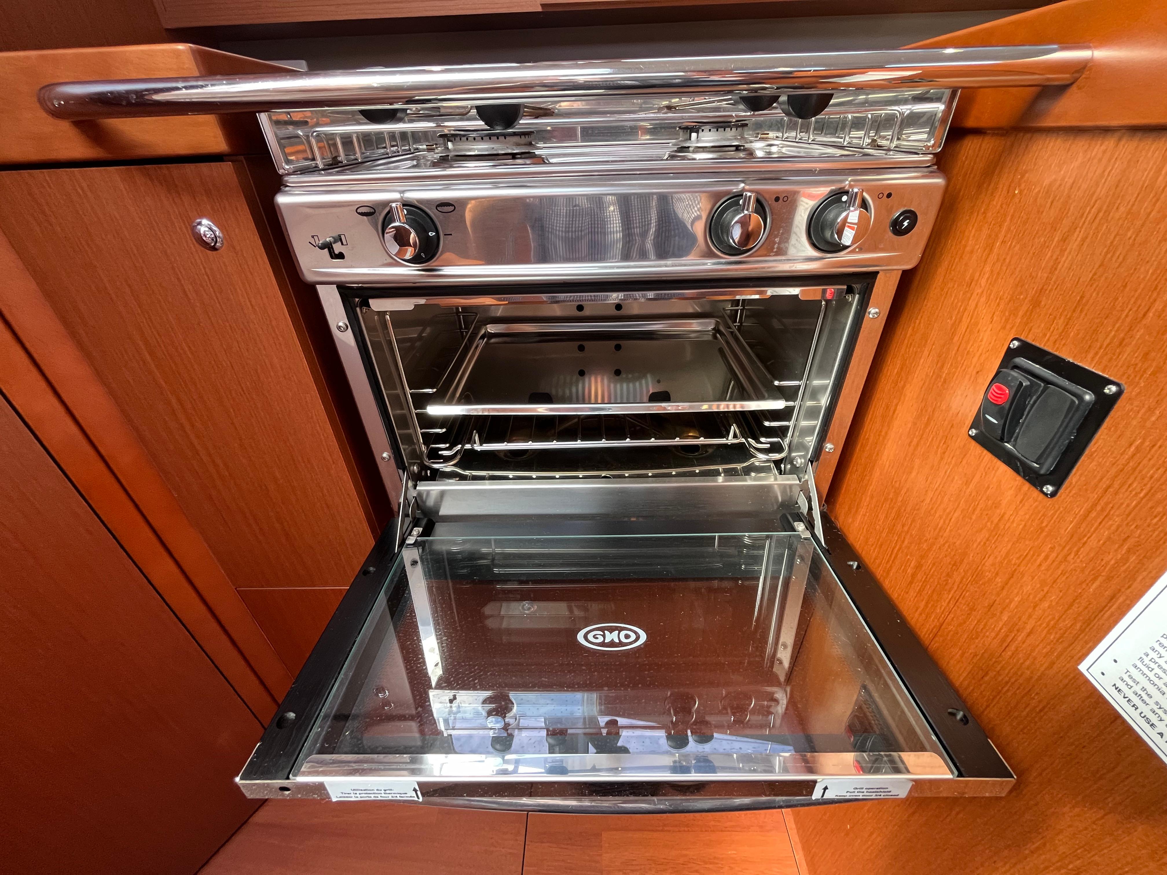 Stainless steel oven in 2018 Beneteau Oceanis 35.1 yacht kitchen.
