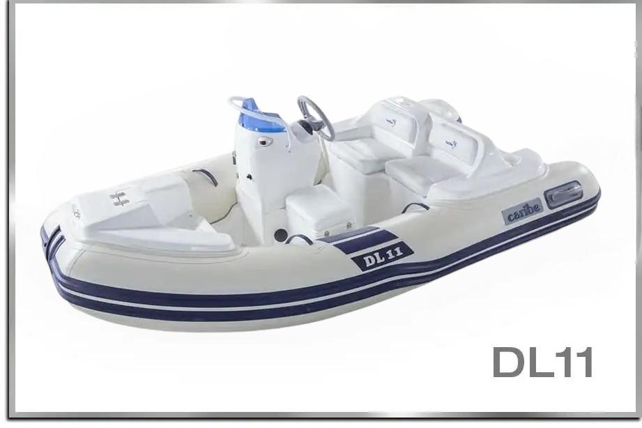 2025 Caribe DL11 inflatable boat with white and blue design, featuring seating and steering console.